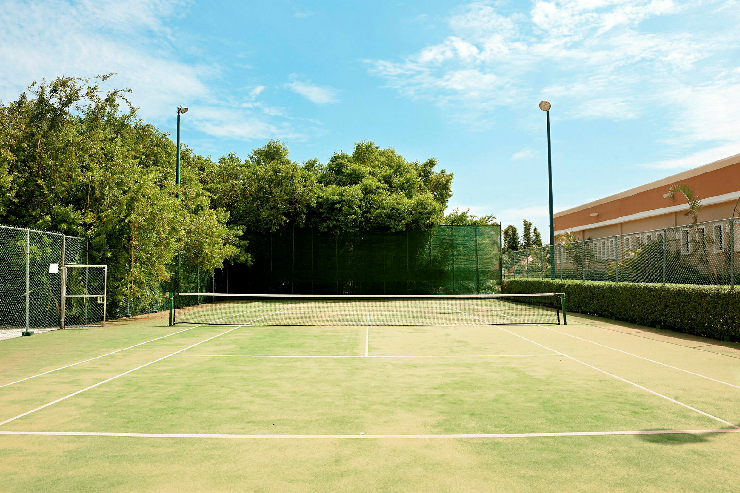En tennisbane med grønt underlag og hvite linjer, omgitt av trær og en bygning i bakgrunnen. Et gjerde omgir banen. (AI-generert tekst)