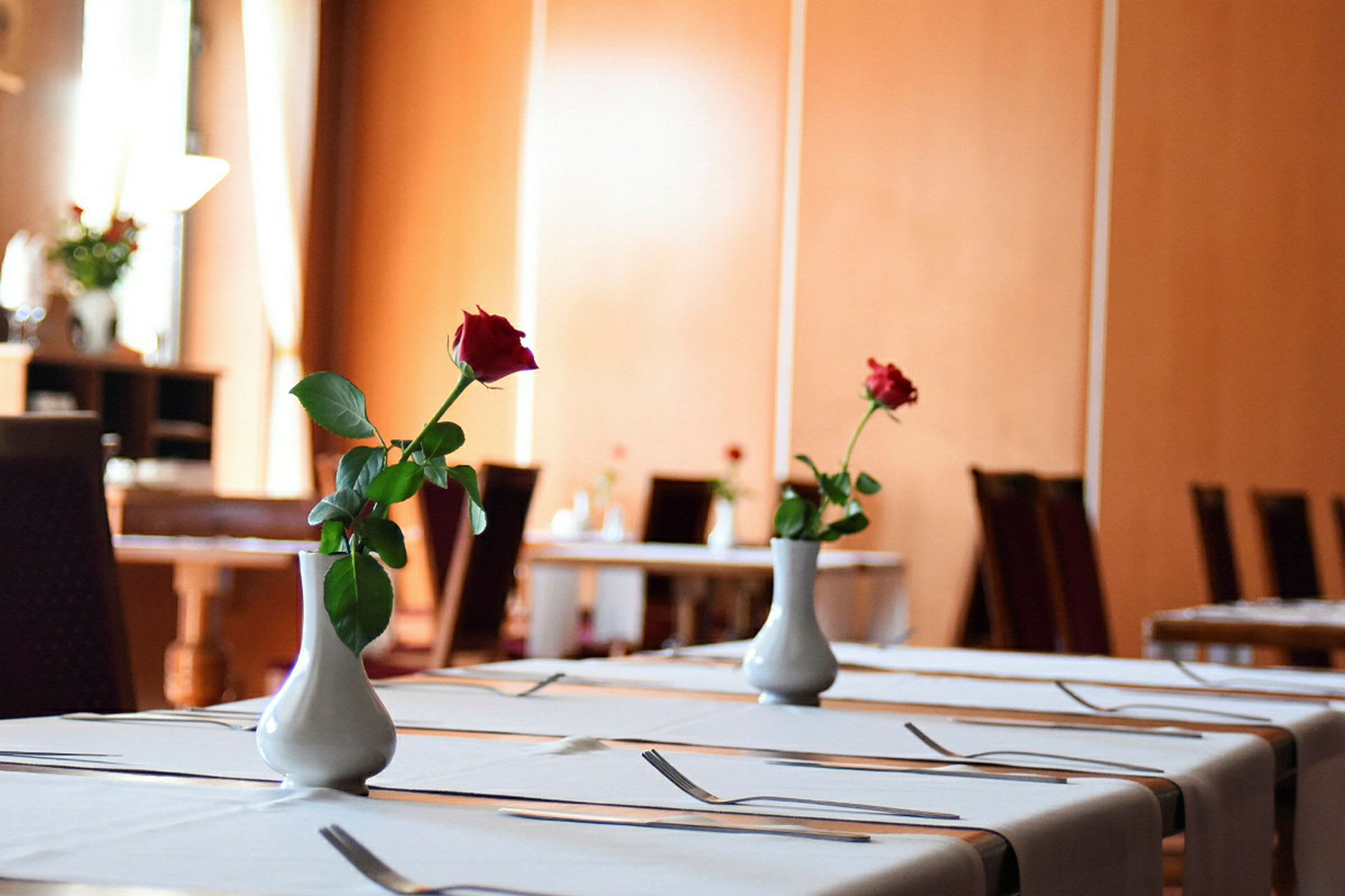 Et elegant dekket spisebord pyntet med en hvit vase som inneholder en enkelt rød rose. (AI-generert tekst)