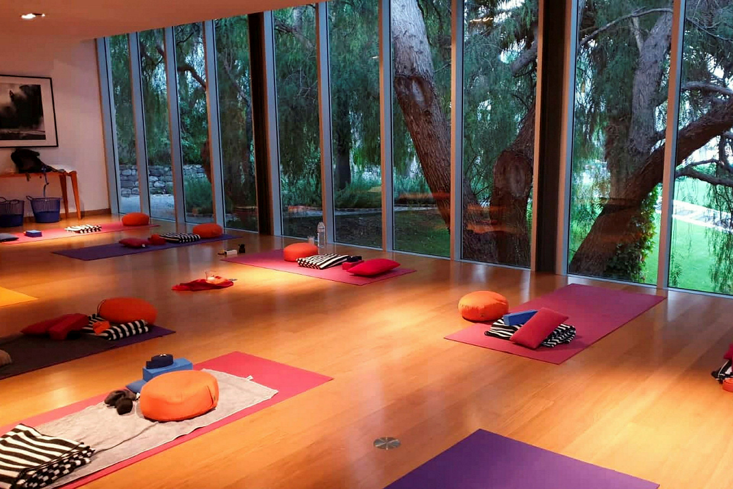 Et rom med yoga- eller meditasjonsmatter, puter og tepper plassert på gulvet, nær store vinduer som viser et grøntområde utenfor. (AI-generert tekst)