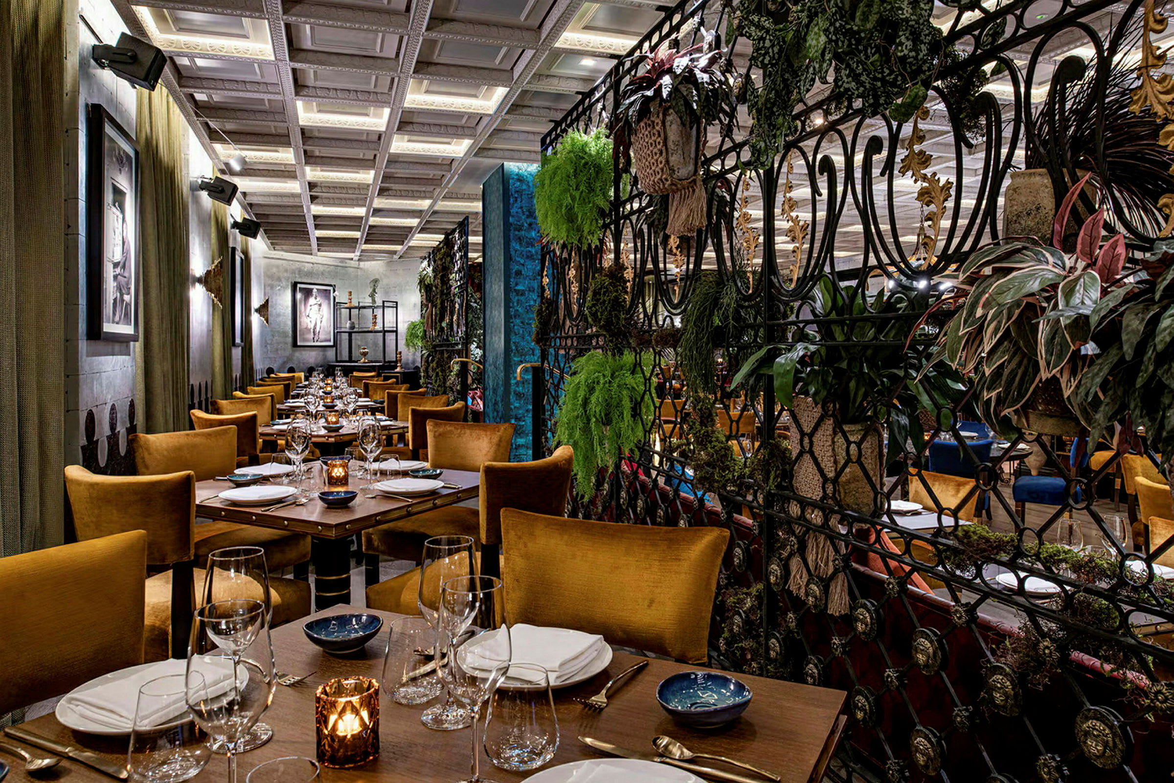 Interiør av en elegant restaurant med dekkede bord og stoler samt frodige planter som dekor. (AI-generert tekst)
