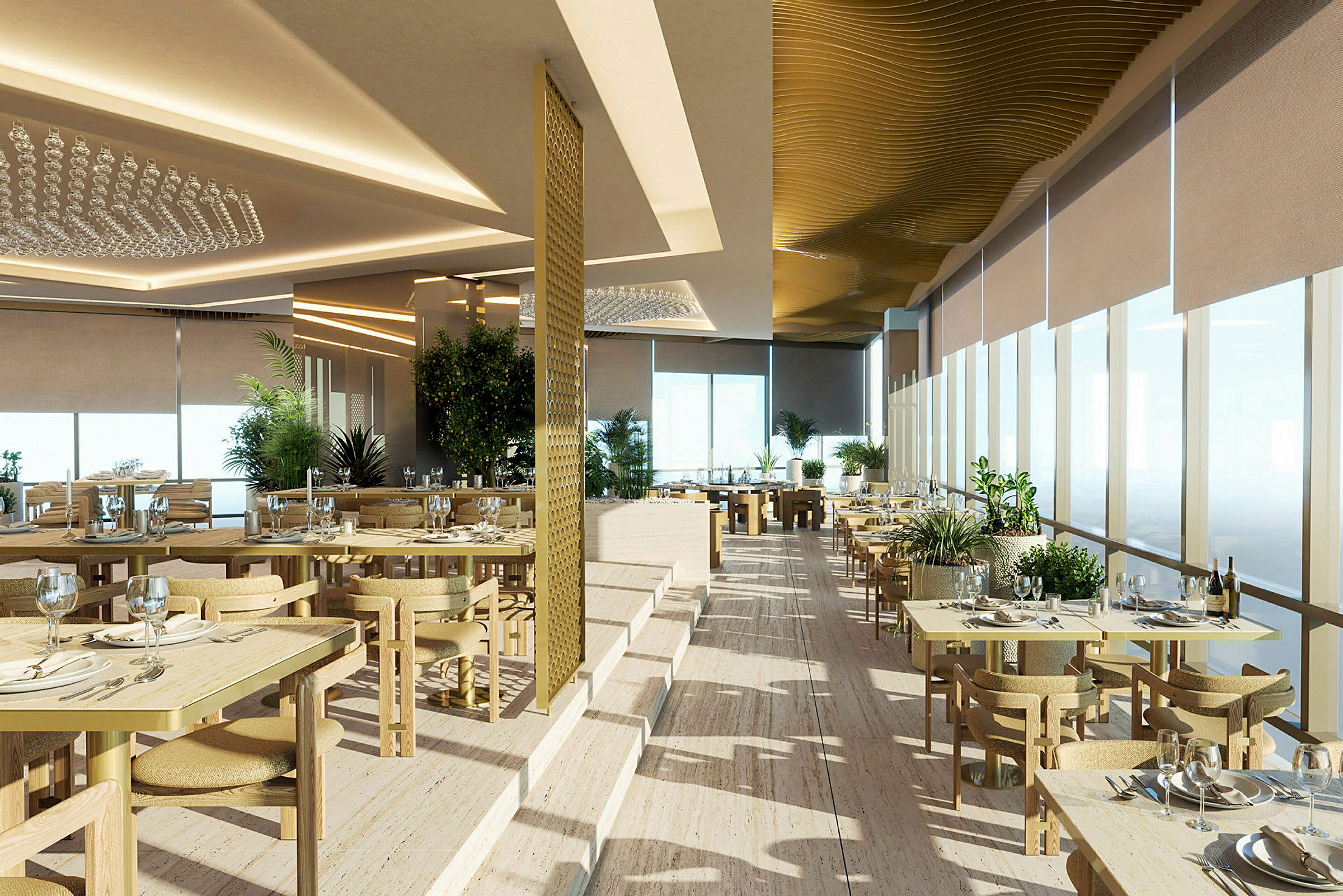 Elegant restaurant med dekkede bord i et lyst og moderne interiør. (AI-generert tekst)