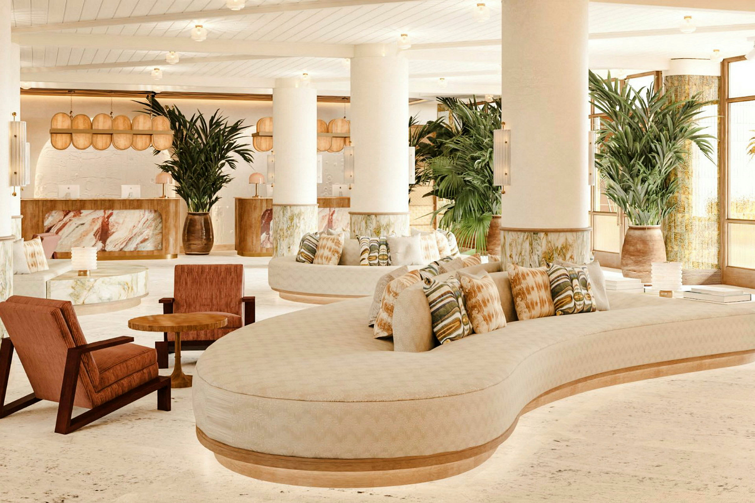 Et moderne, lyst hotellobbyområde med sofaer, stoler og planter. (AI-generert tekst)