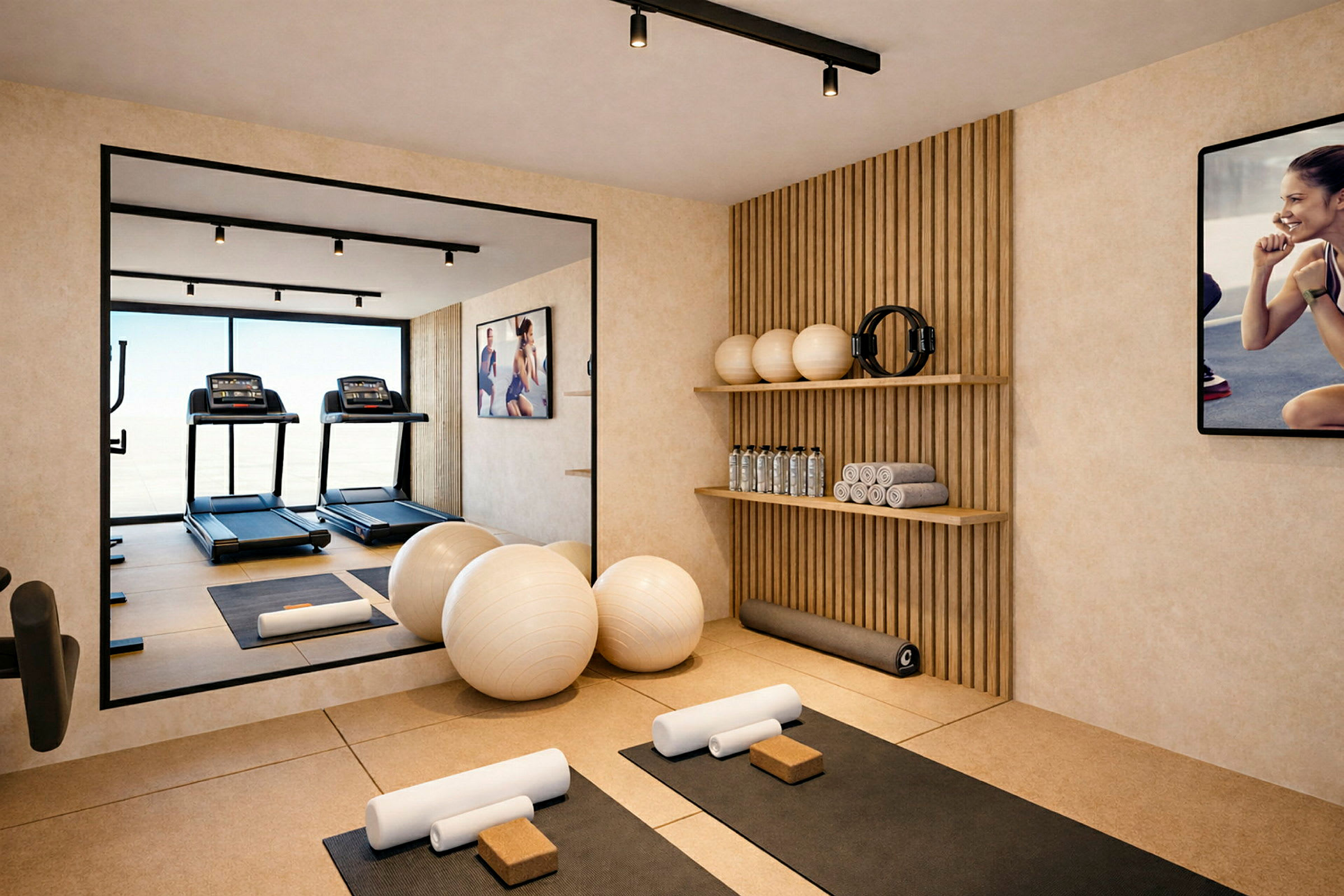 Et lyst treningsrom med to tredemøller, speilvegg og treningsutstyr som yogamatter, treningsballer og vekter. (AI-generert tekst)