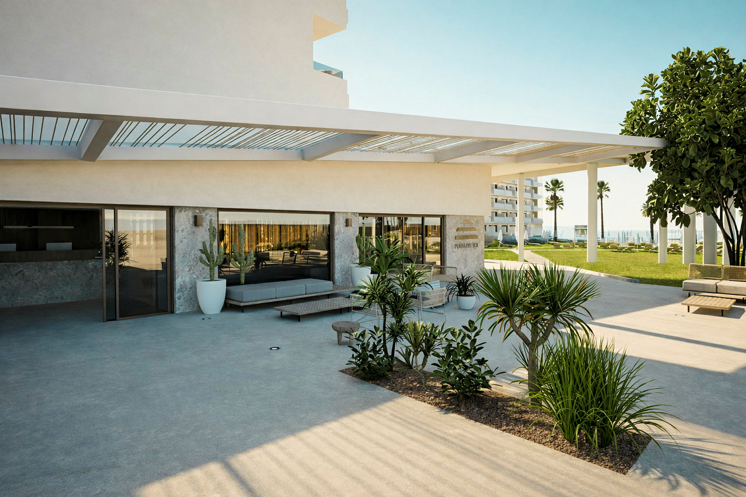 Bilde av en moderne hotellbygning med steinfasade, utemøbler og omgivende beplantning. (AI-generert tekst)