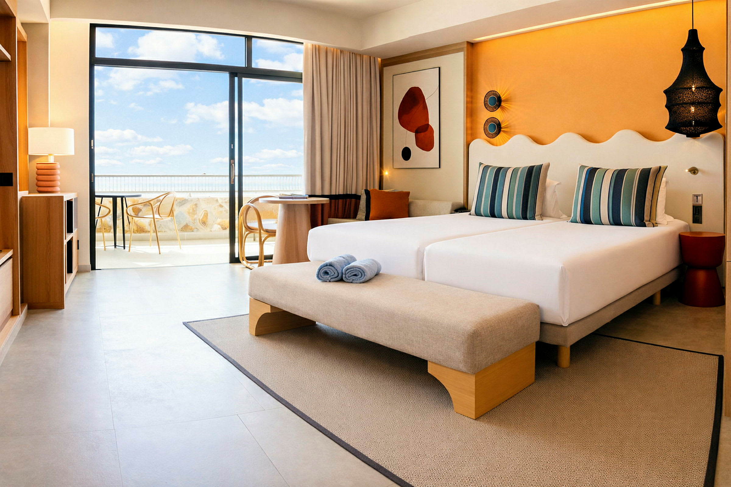 Moderne hotellrom med to senger, sitteplasser og utsikt mot balkong og himmel. (AI-generert tekst)