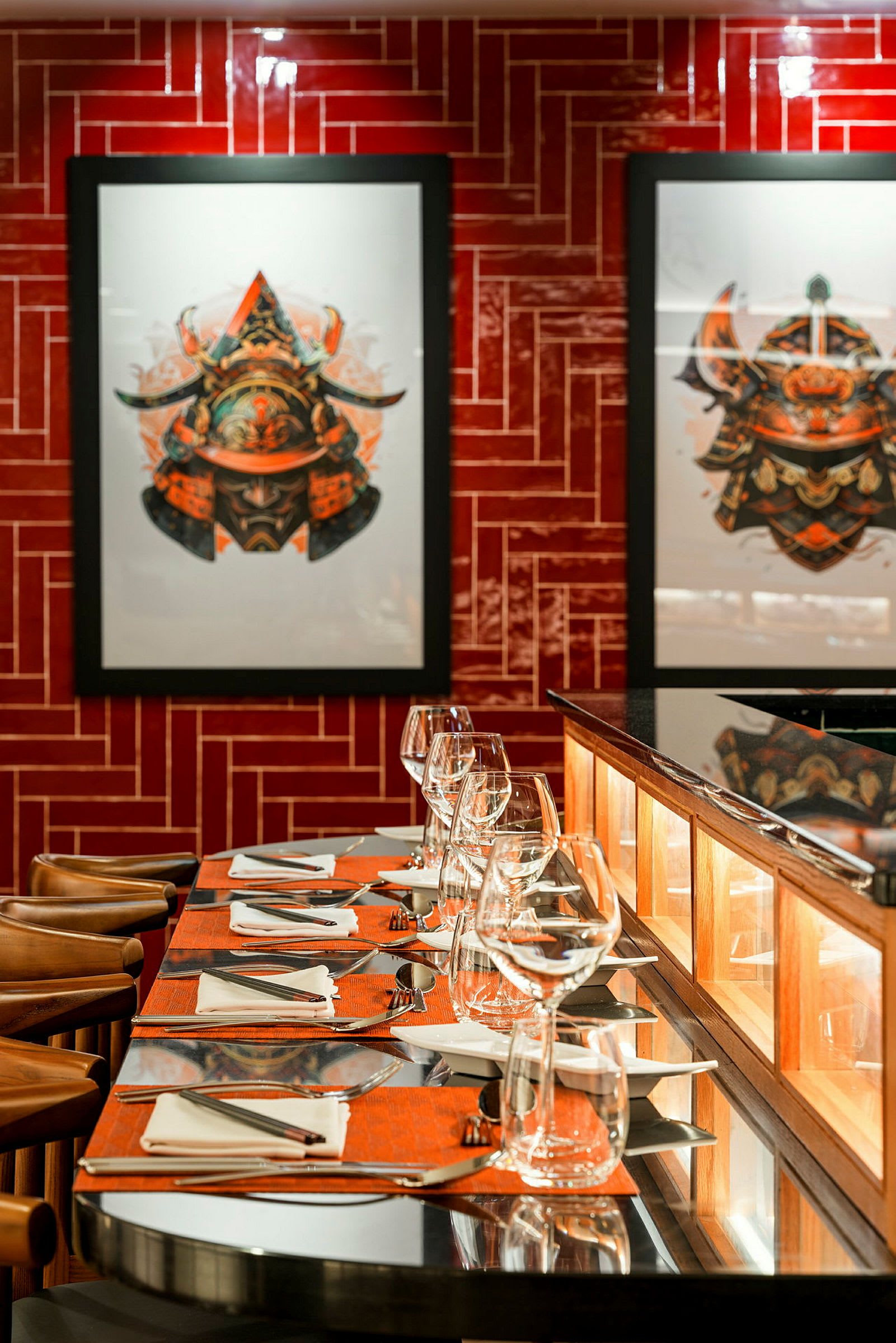 Et dekket bord med glass og bestikk ved en bardisk, med røde flisvegger og stiliserte kunstverk på veggen. (AI-generert tekst)