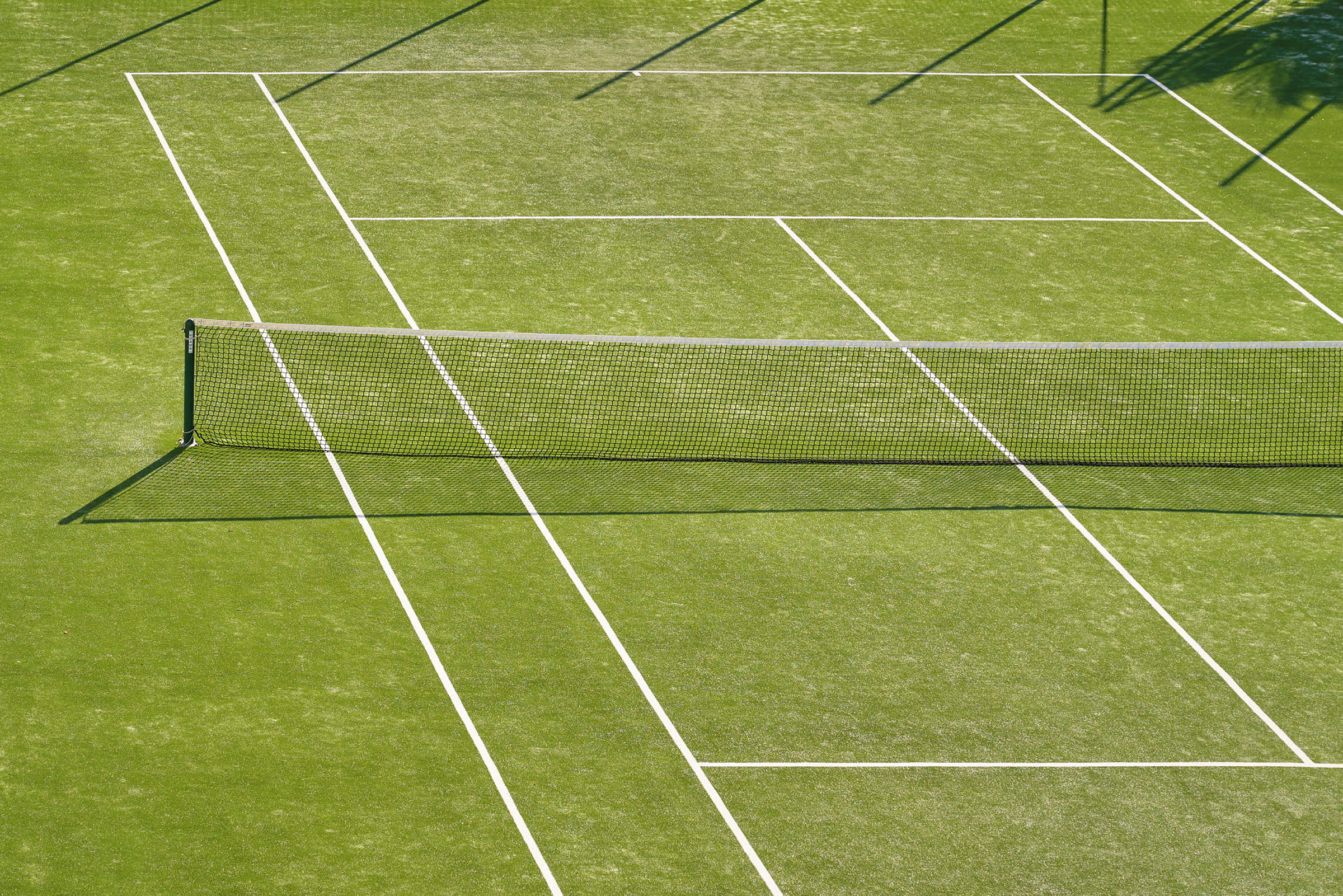 En tennisbane med grønt underlag og et nett i midten. (AI-generert tekst)