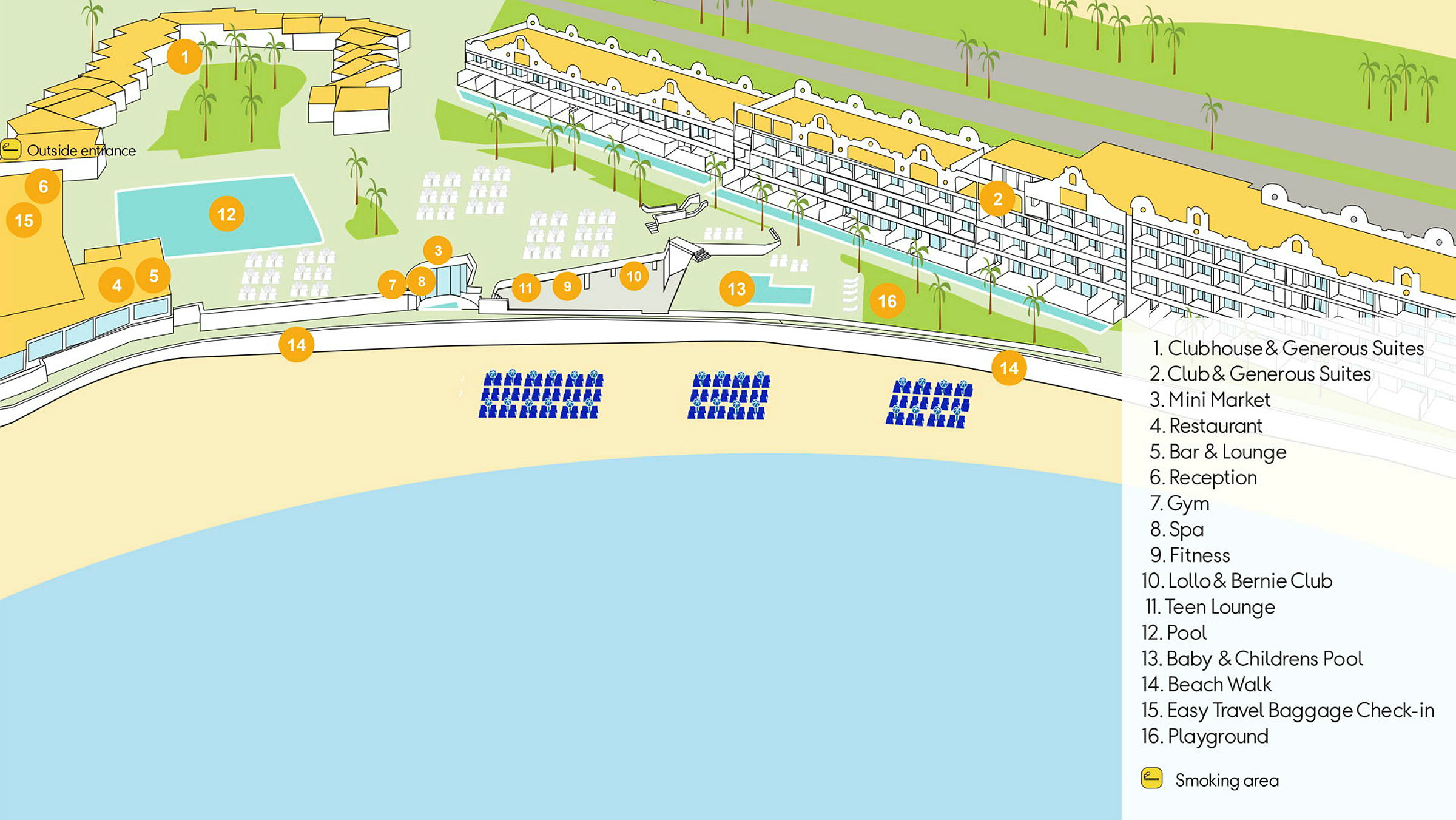 Illustrert kart over et feriested med bygninger, bassenger, lekeplass og strand. Nummererte steder er markert. (AI-generert tekst)
