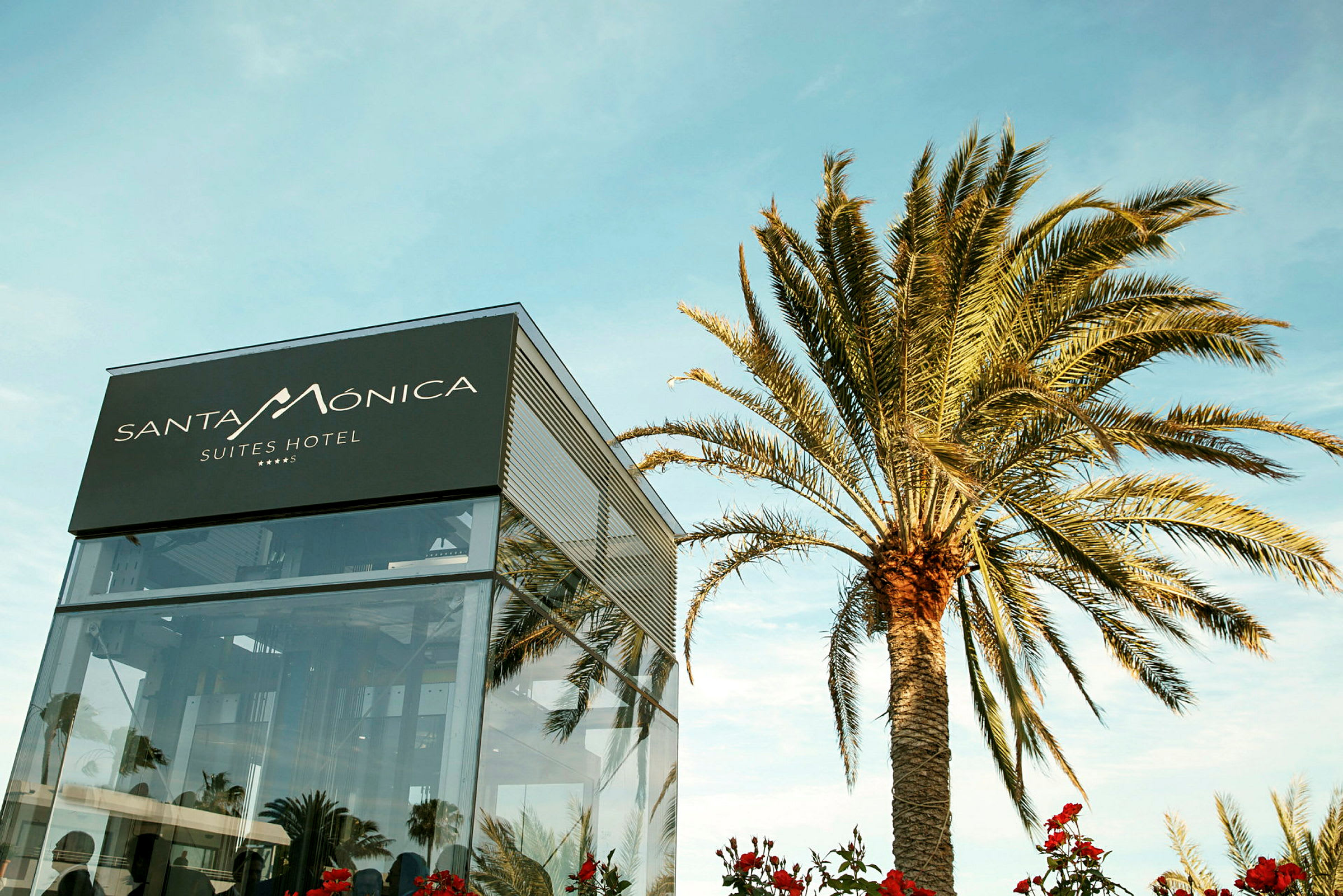 En bygning med et skilt som sier "Santa Monica Suites Hotel" ved siden av en høy palme. (AI-generert tekst)