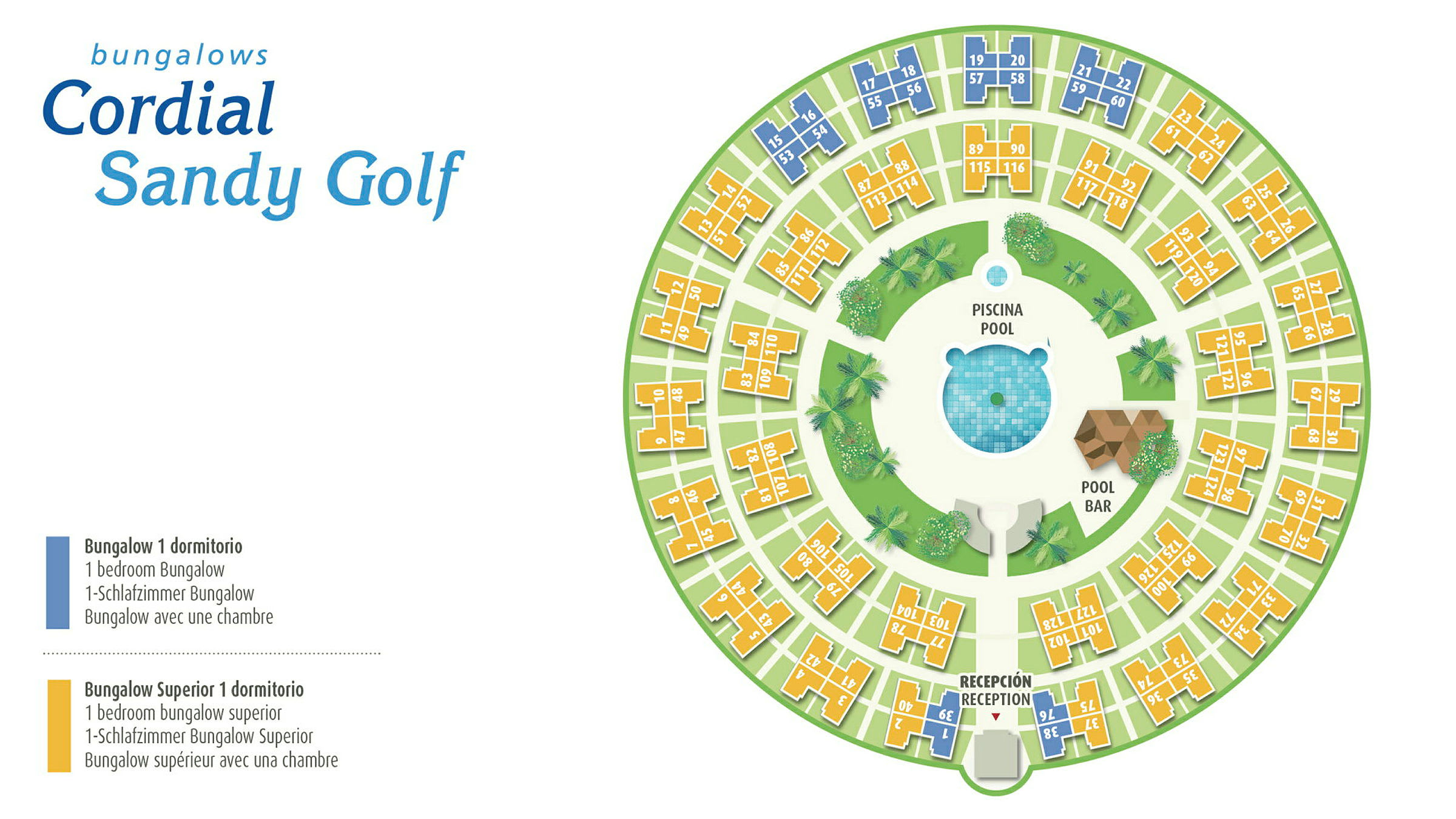 Illustrasjon over oppsettet av bungalowområdet Cordial Sandy Golf med overnatting og fasiliteter. (AI-generert tekst)