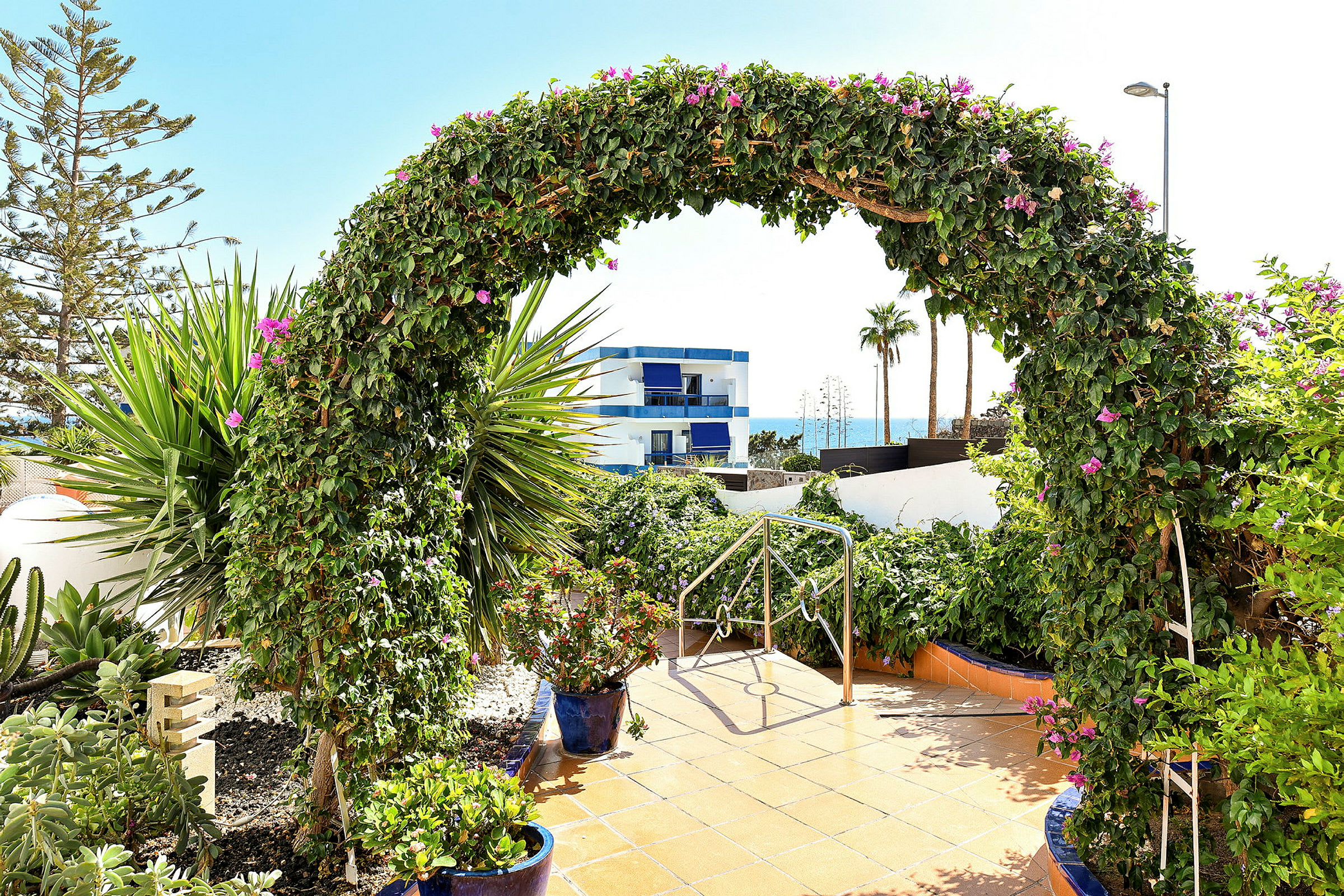 En grønn bue av planter med blomster, omgitt av en hage. I bakgrunnen sees en bygning, palmer og havet. (AI-generert tekst)