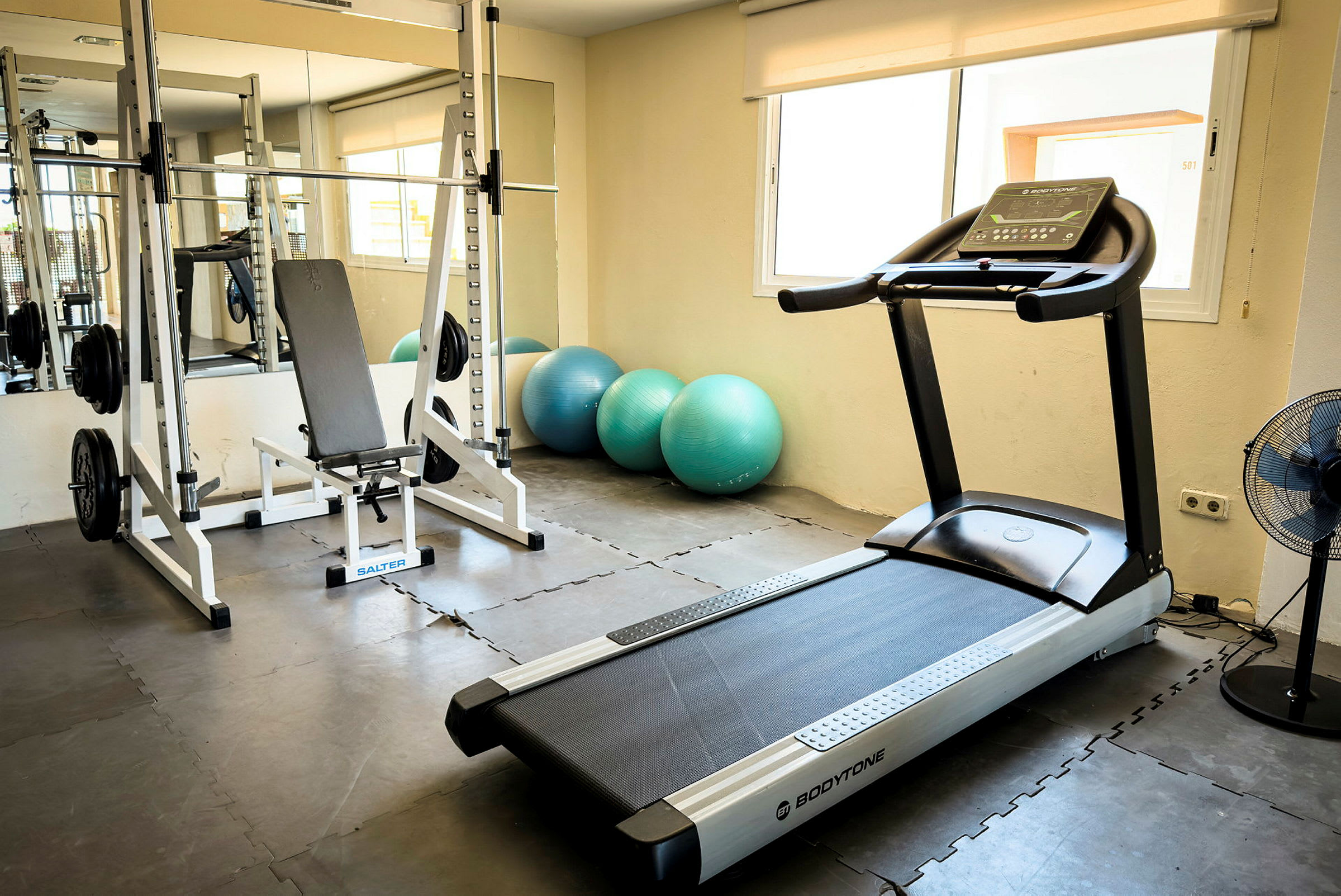Et treningsstudio med tredemølle, treningsbenk og fitnessballer. (AI-generert tekst)