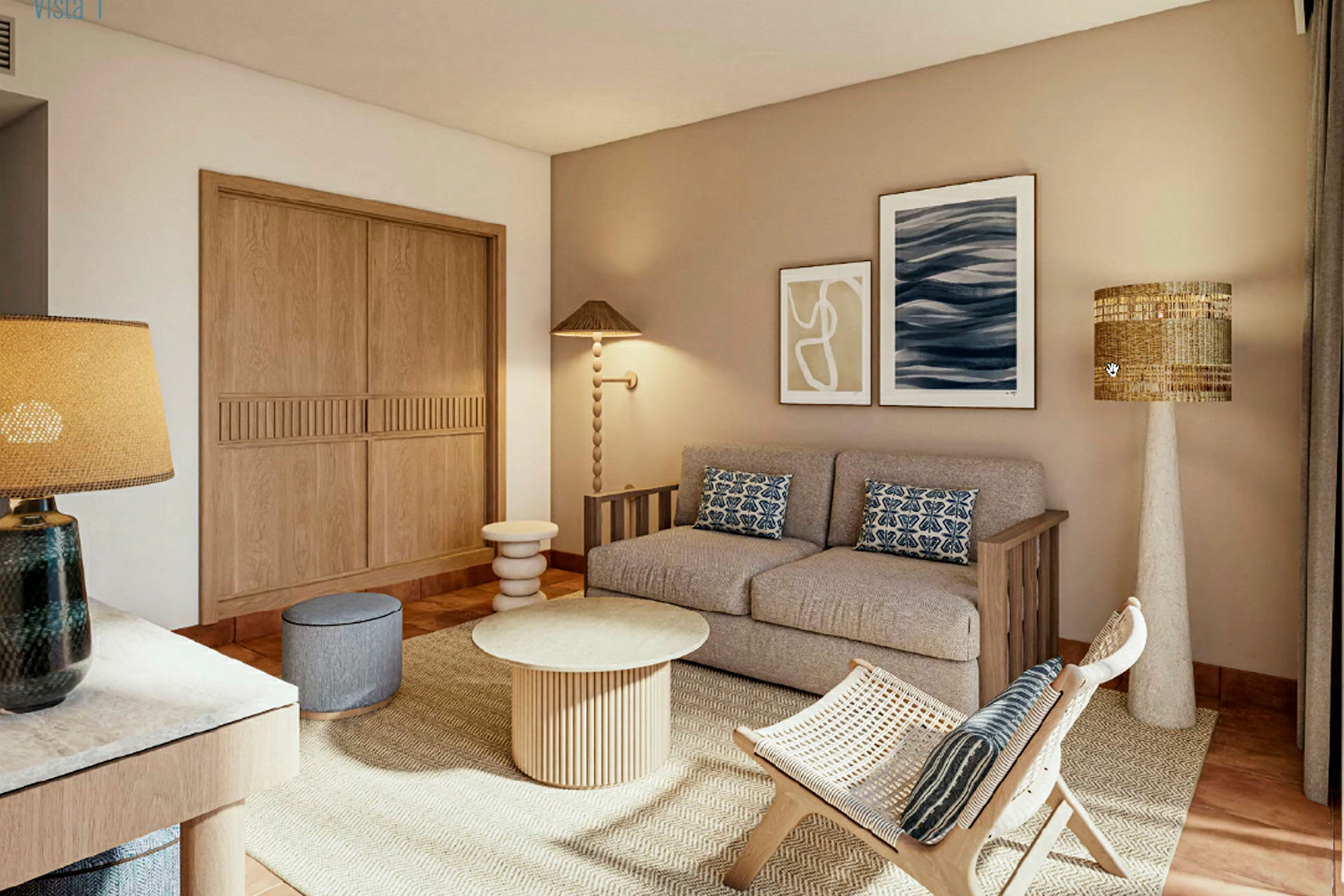 En stue med beige vegger, en sofa, en lenestol, et salongbord og moderne innredning. (AI-generert tekst)