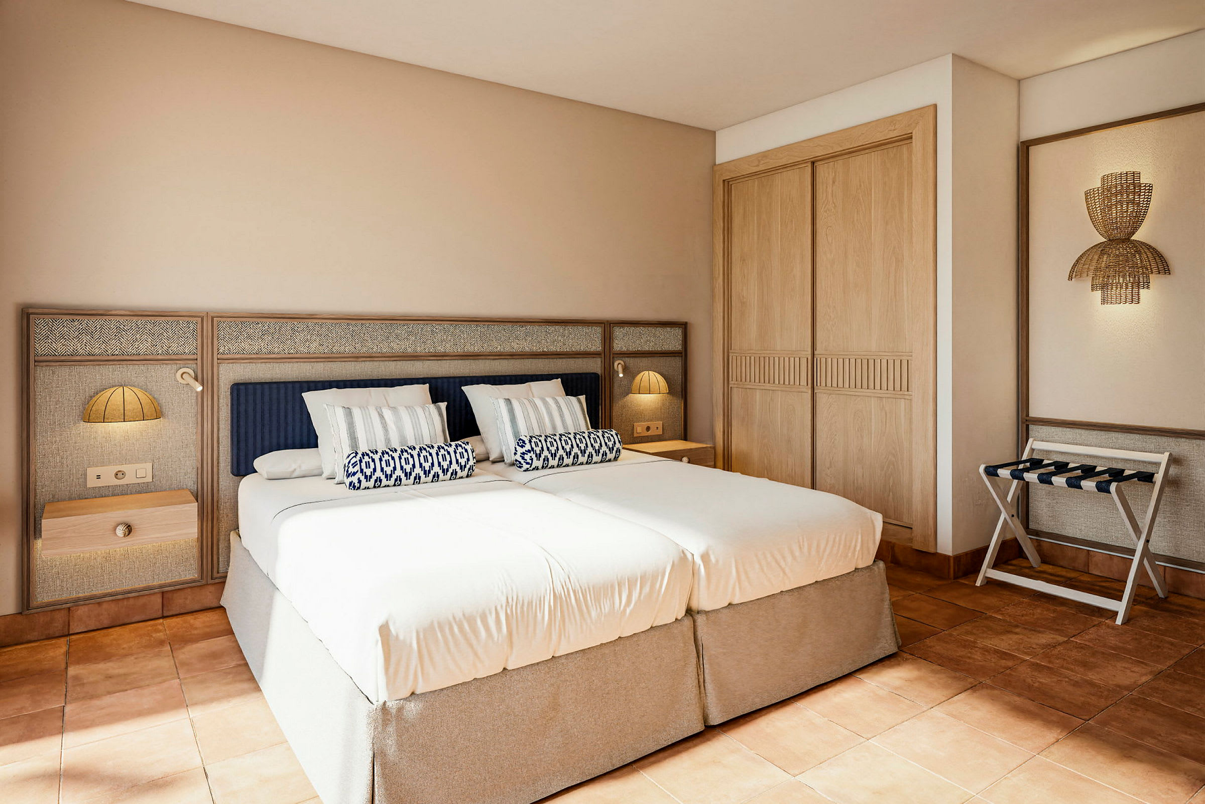 Et hotellrom med en dobbeltseng, tremøbler og moderne design. (AI-generert tekst)