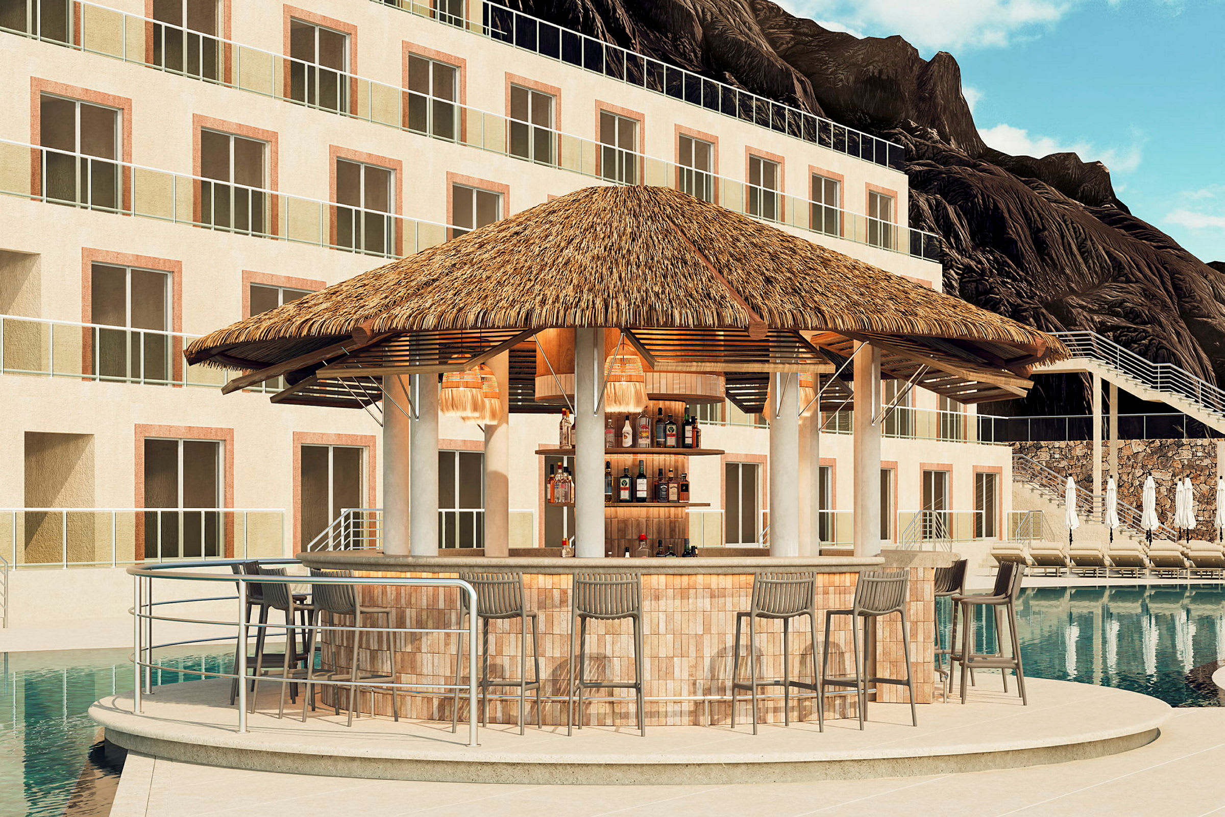 En strandbar med stråtak ved et basseng, omgitt av en moderne bygning med flere balkonger. (AI-generert tekst)