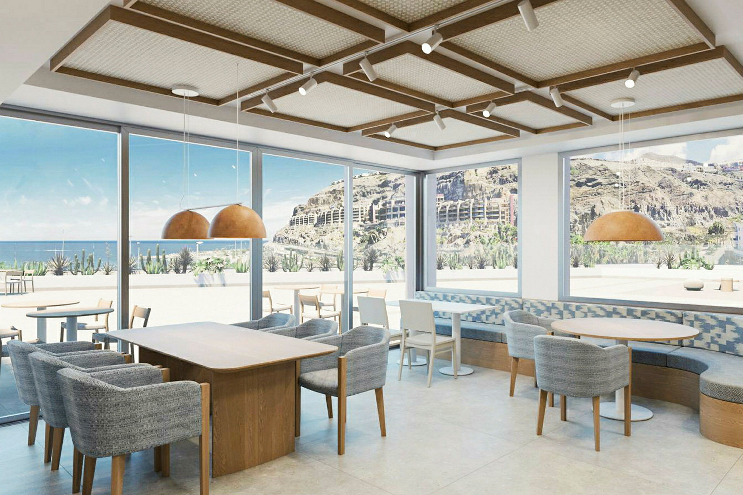 Moderne kafé med store vinduer og utsikt over fjell og hav. (AI-generert tekst)
