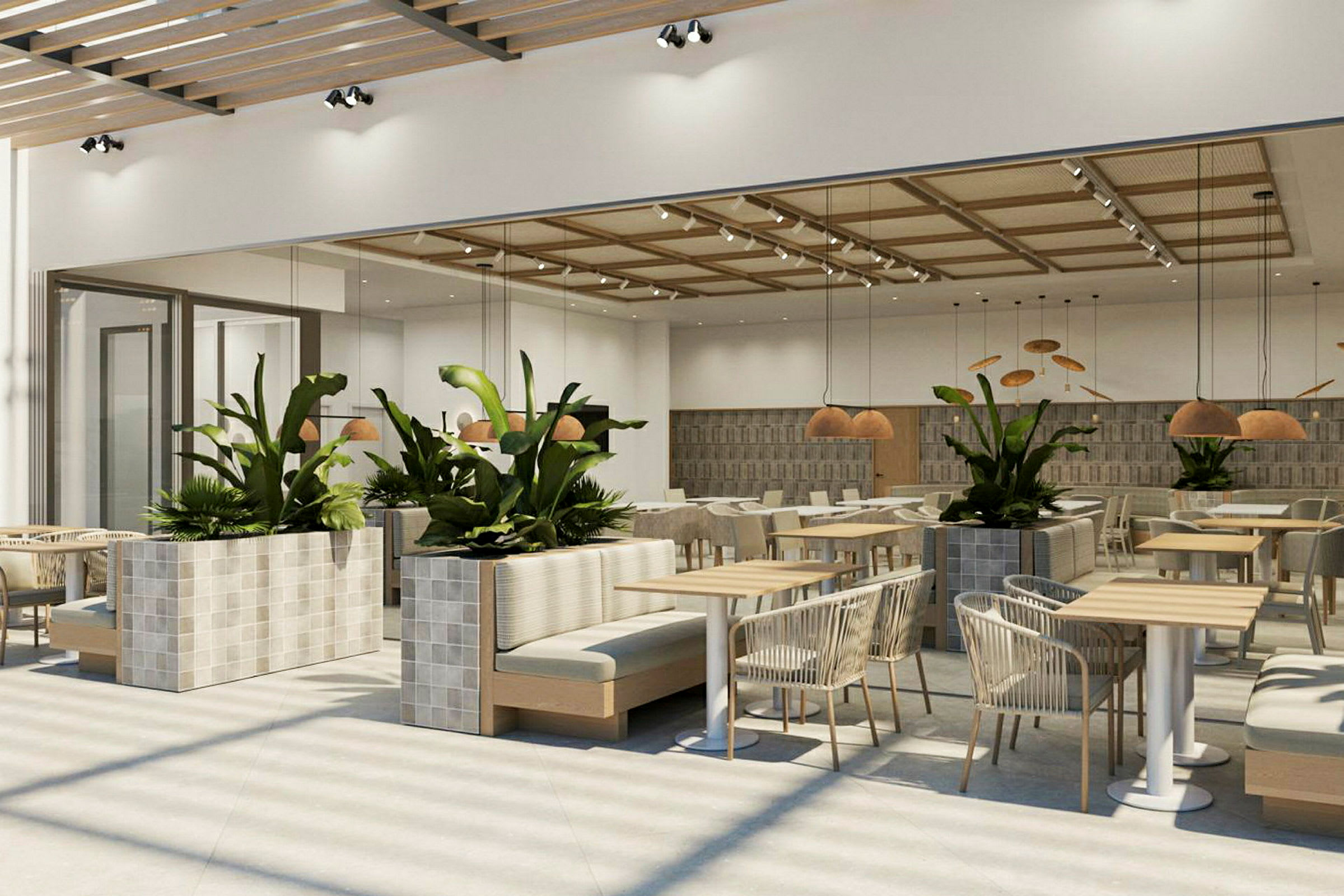 Innendørsbilde av en moderne restaurant med sitteplasser, bord og store grønne planter. (AI-generert tekst)