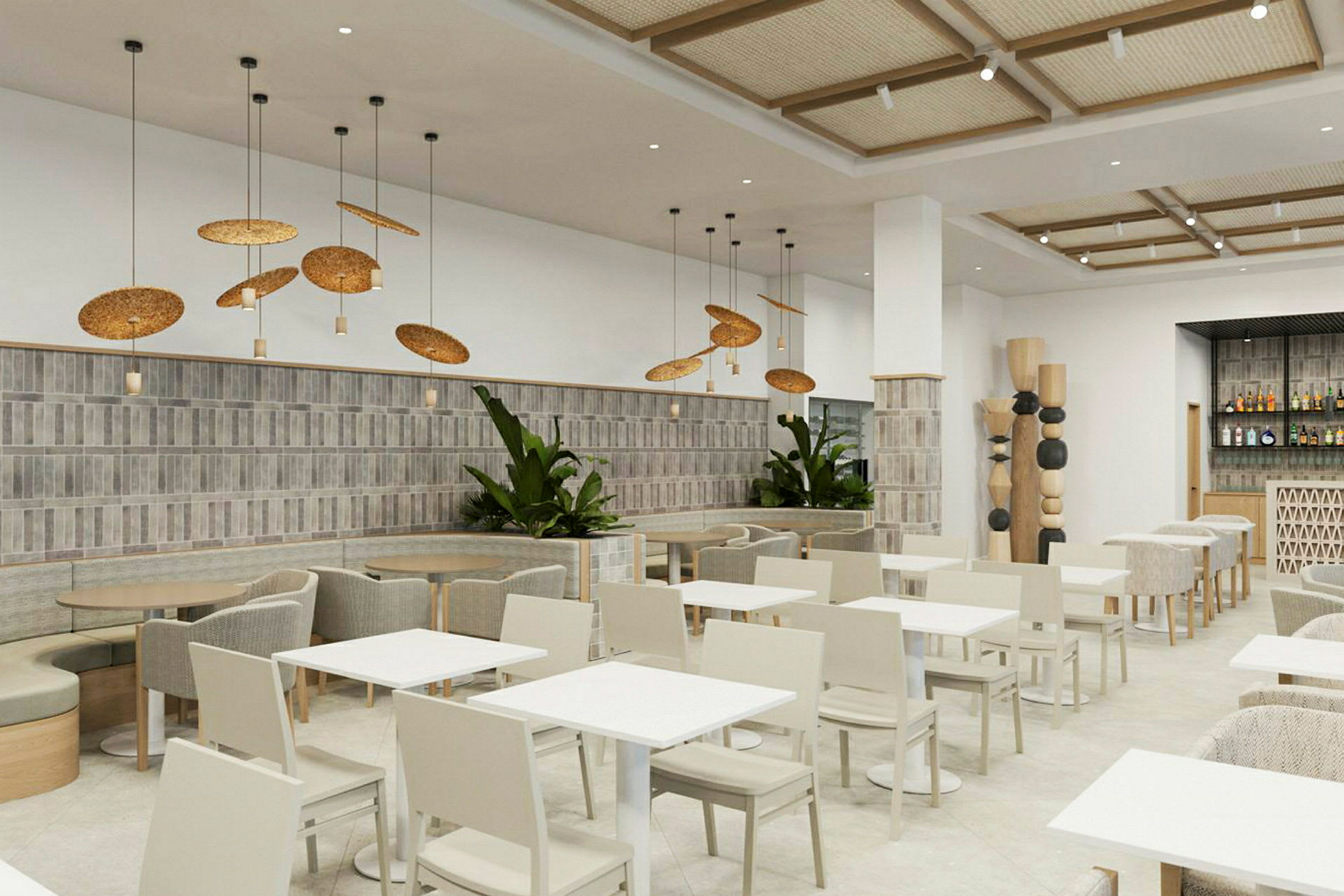 Bilde av en moderne dekorert restaurant med hvite bord og beige stoler, store planter og dekorative lamper. (AI-generert tekst)
