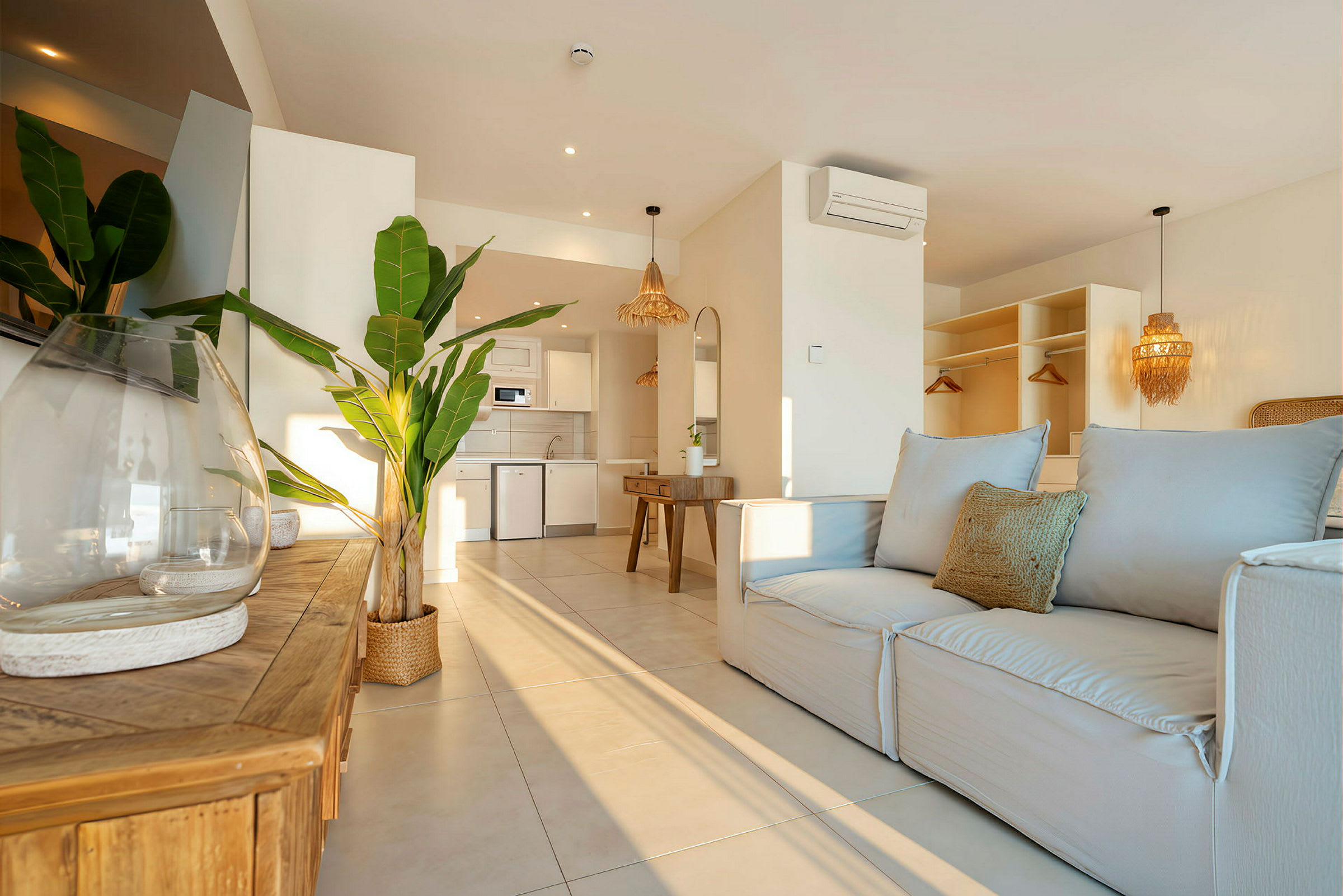 Et moderne rom med sofa, planter og åpen kjøkkenløsning. (AI-generert tekst)