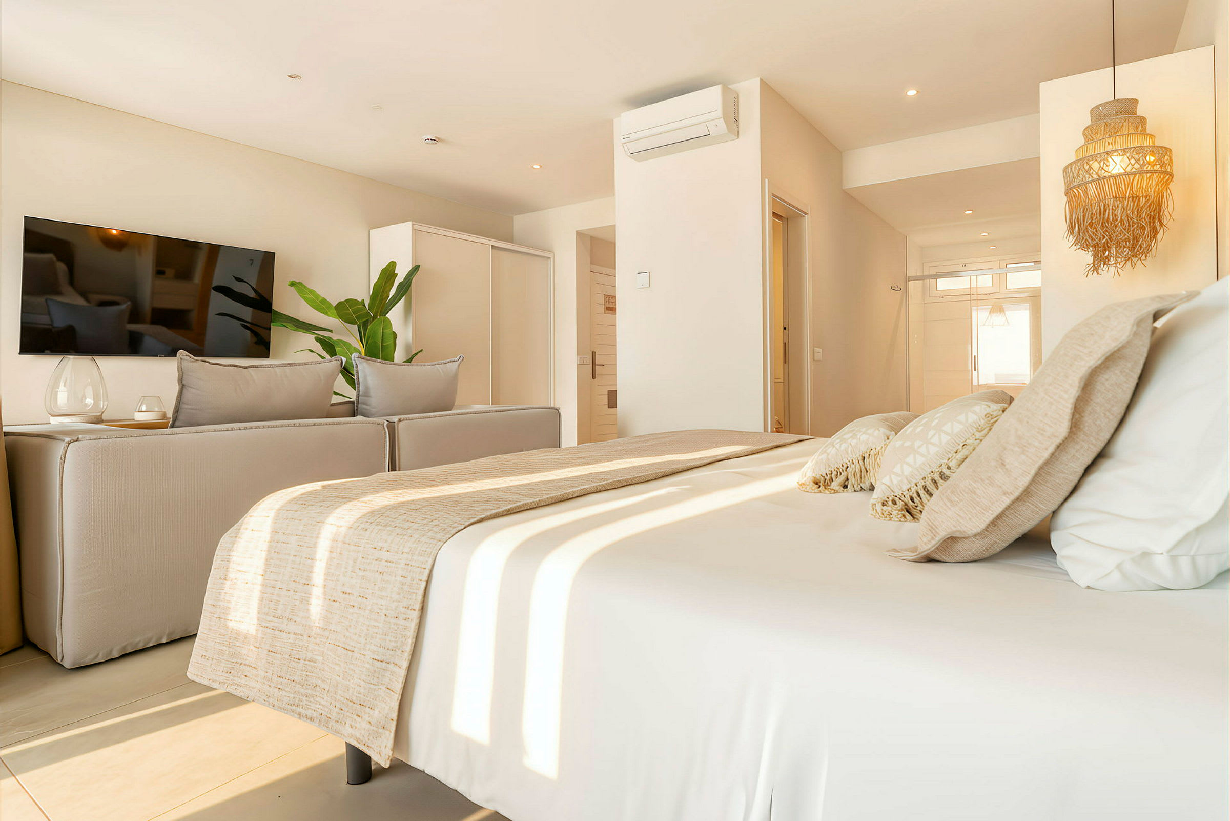 Et moderne hotellrom med lys innredning, en seng med dekorative puter og en veggmontert TV. (AI-generert tekst)