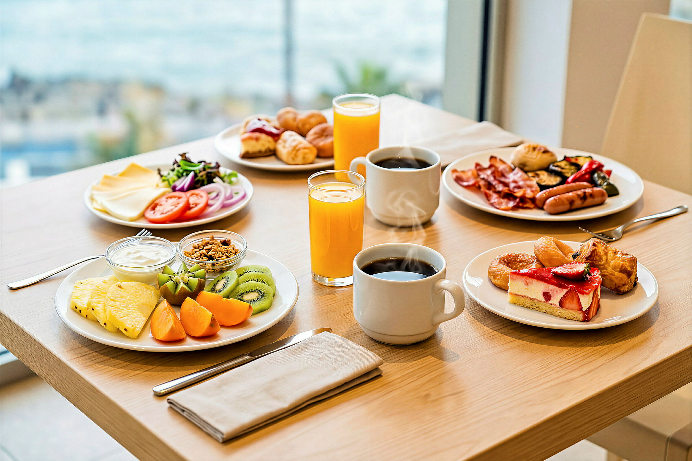En frokostoppsett på et bord med juice, kaffe, ulike småretter, frukt og bakverk. (AI-generert tekst)