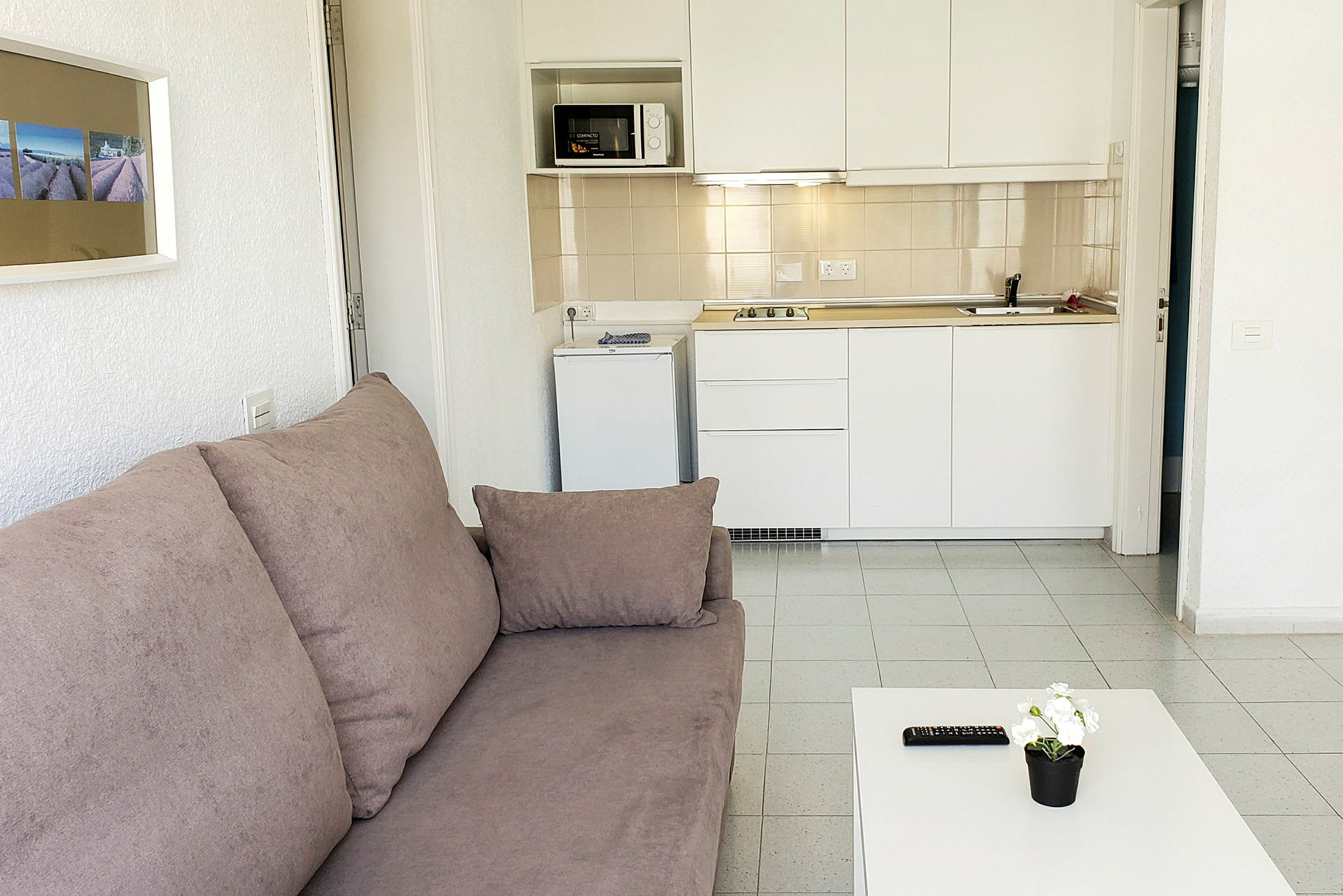 Et rom med en sofa, et bord med en blomsterpotte og fjernkontroll, samt et kjøkken med hvit innredning. (AI-generert tekst)