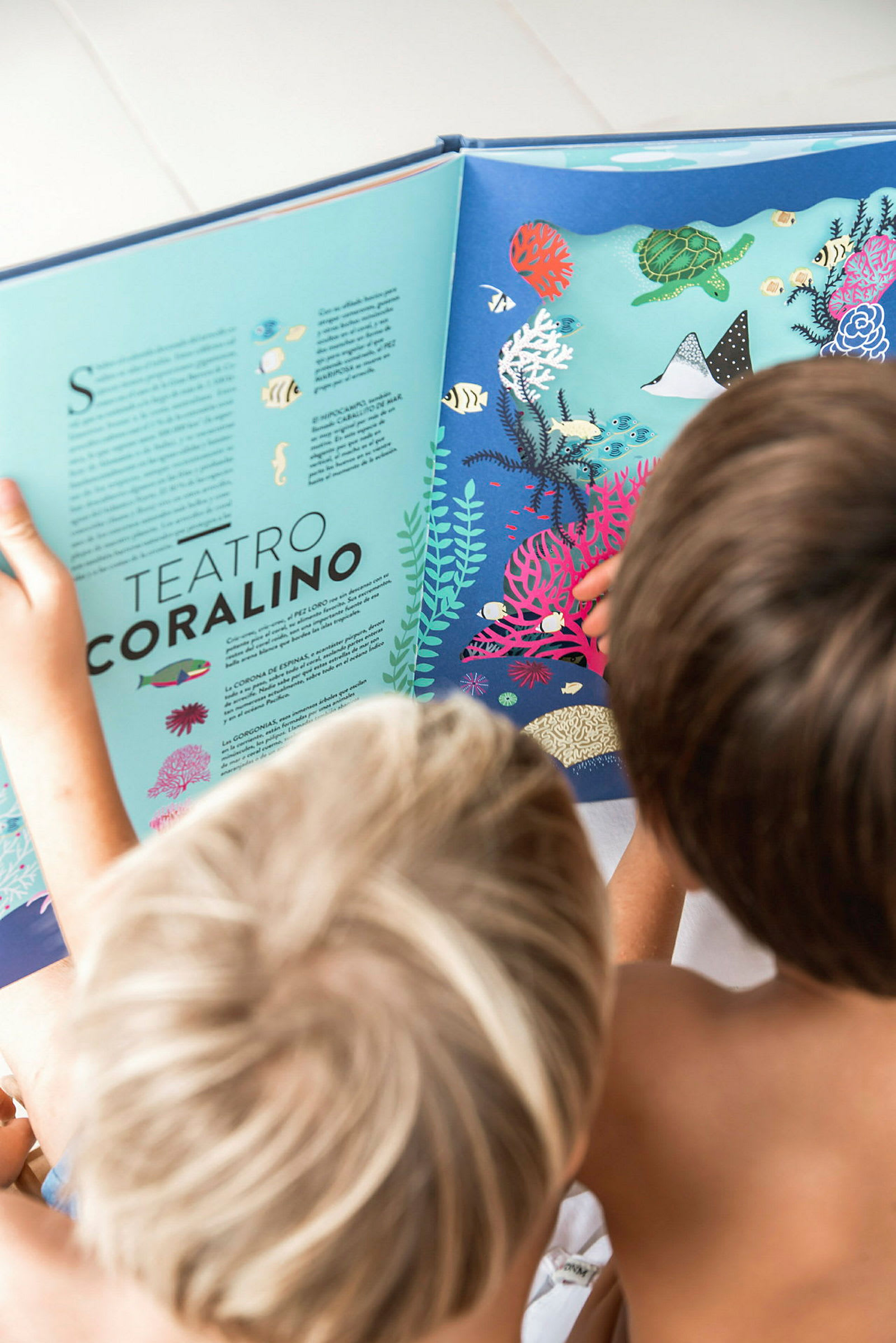 To barn ser på en illustrert bok med temaet korallrev. (AI-generert tekst)