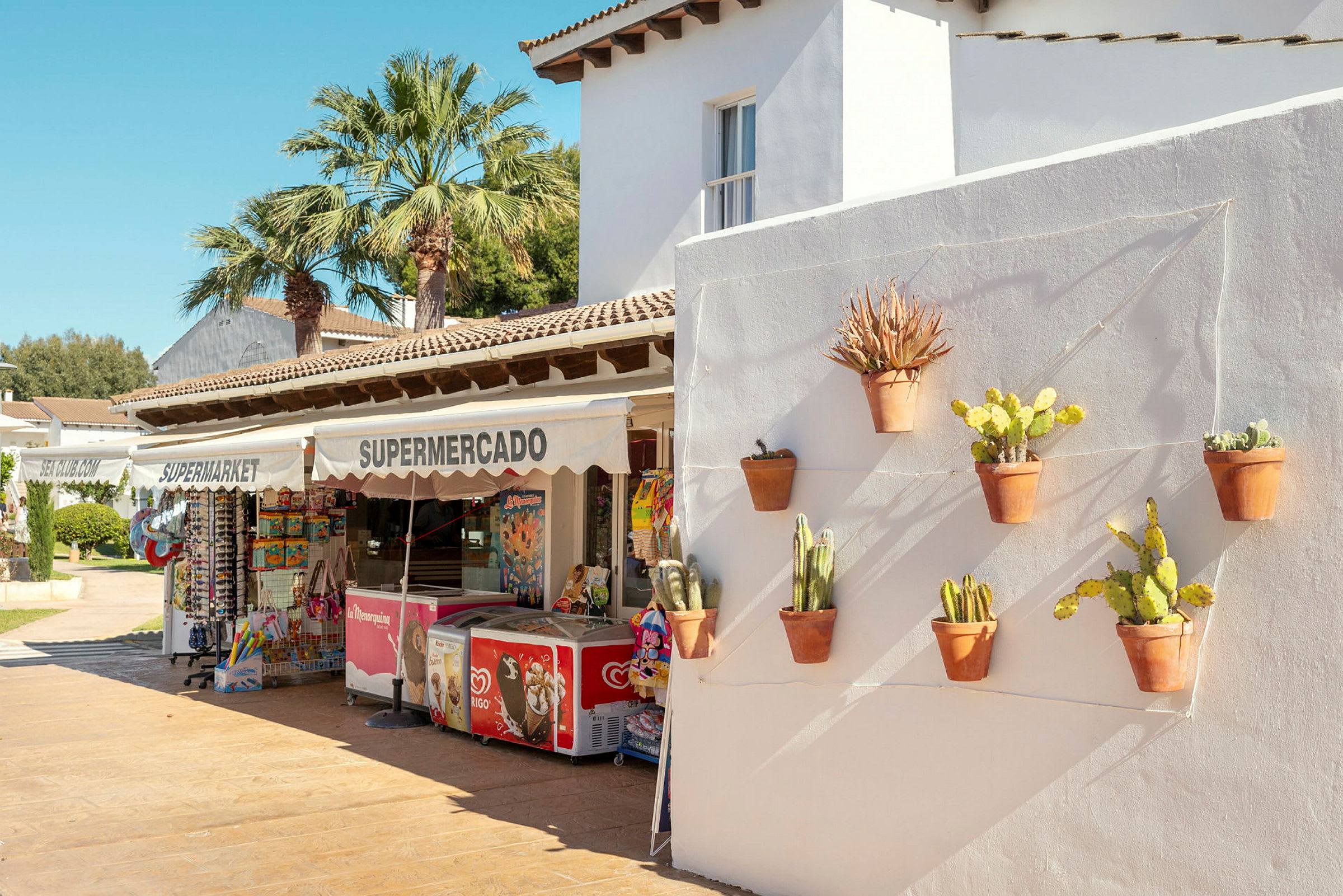 Bildet viser en hvit bygning med en butikk merket "Supermercado". På veggen utenfor er det flere terrakottapotter med kaktuser. (AI-generert tekst)