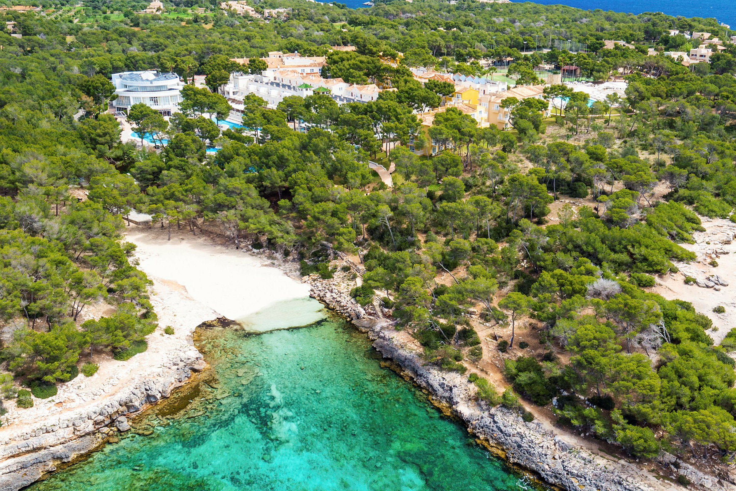 Luftfoto av en skogkledd kyst med en liten sandstrand og turkist vann. (AI-generert tekst)