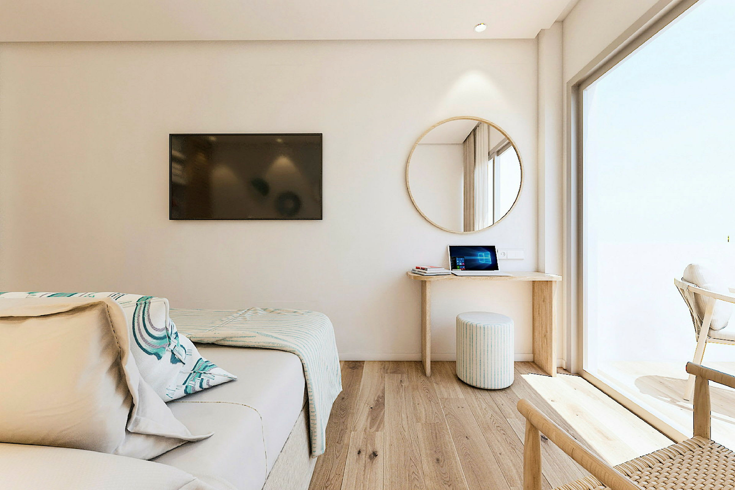 Et moderne hotellrom med en seng, skrivebord og stol, samt et speil på veggen. (AI-generert tekst)
