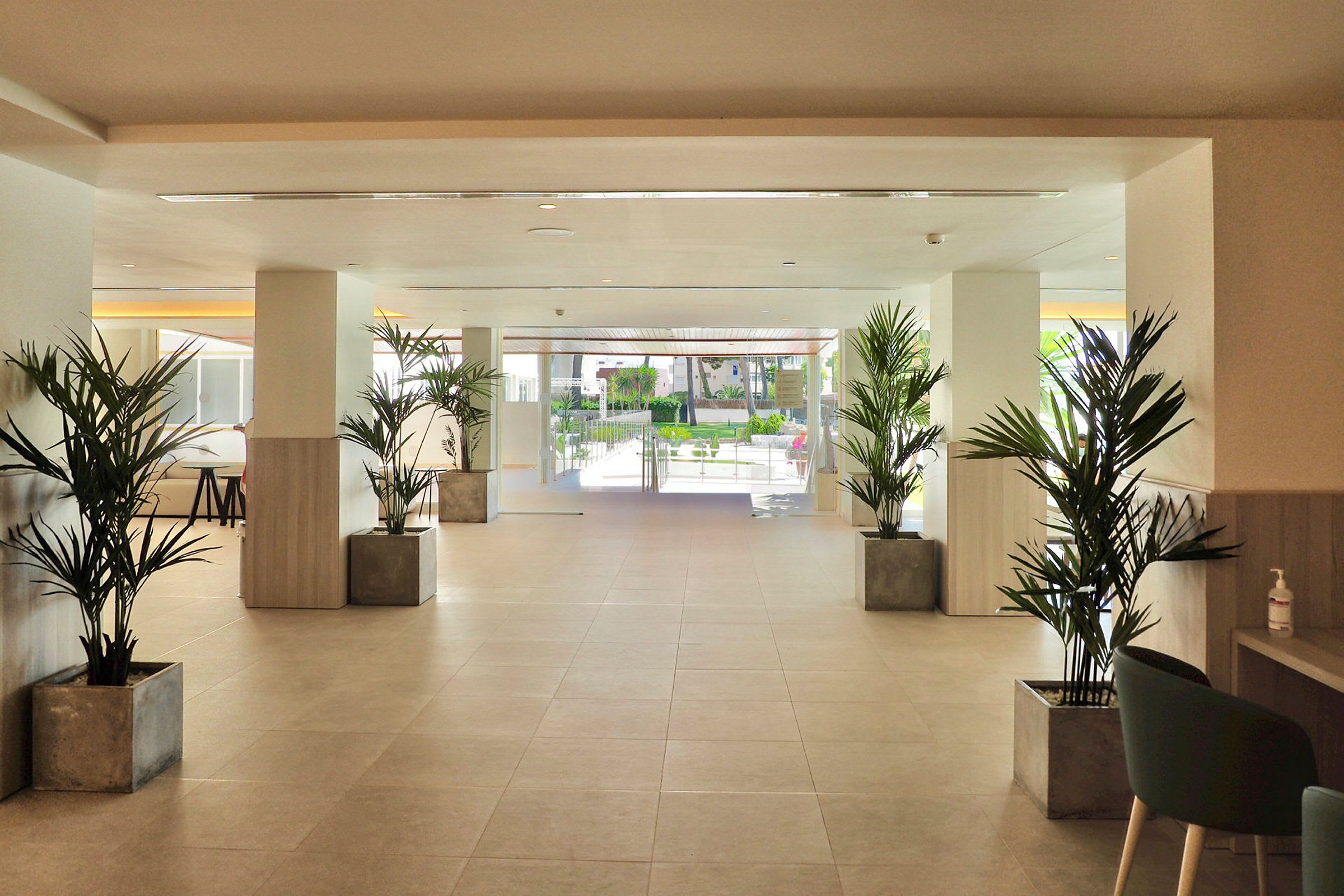 Et moderne og lyst hotellobbyområde med planter i firkantede potter, åpent mot en hage med palmer i bakgrunnen. (AI-generert tekst)