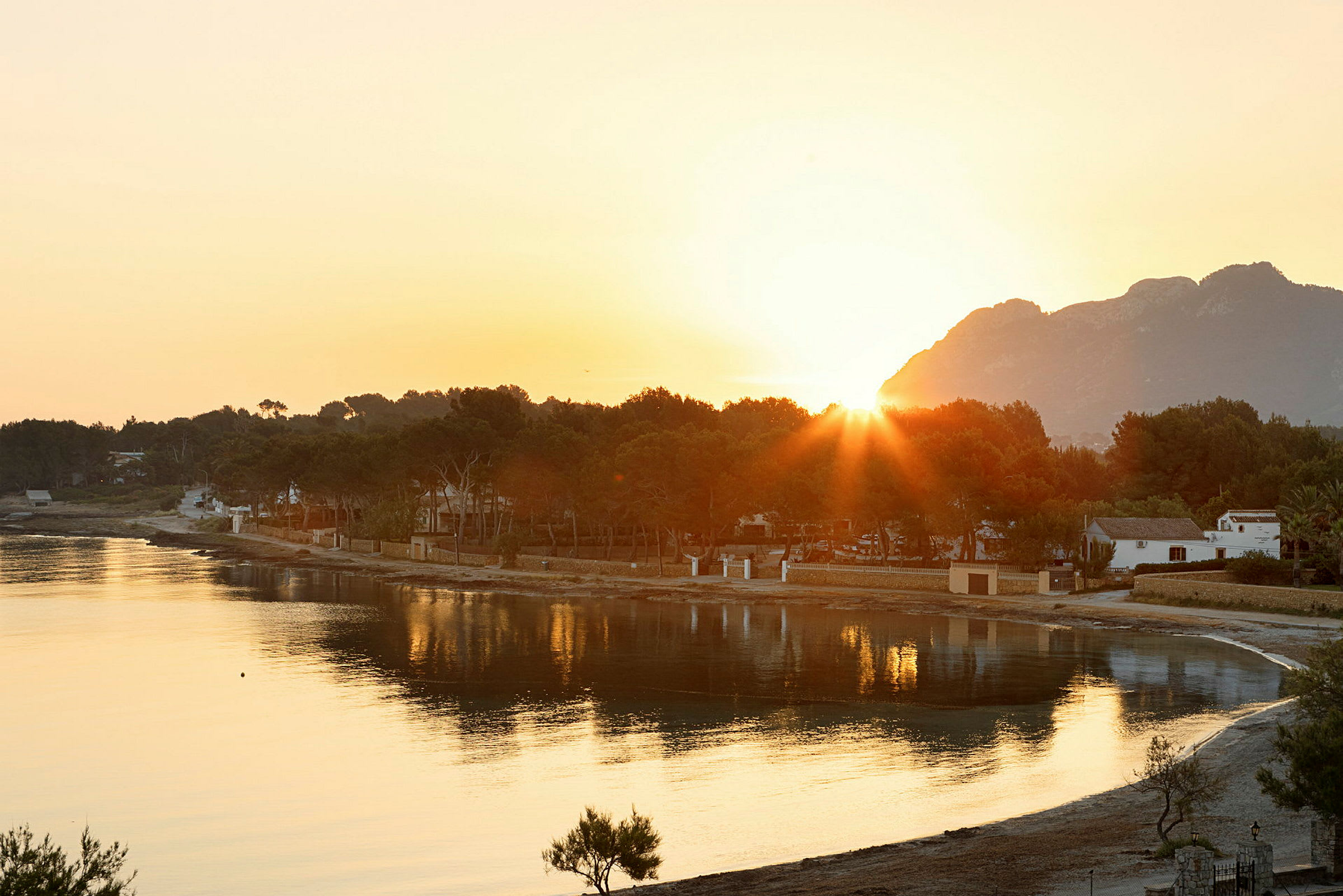 Solnedgang over en strand med trær og bygninger i bakgrunnen. (AI-generert tekst)