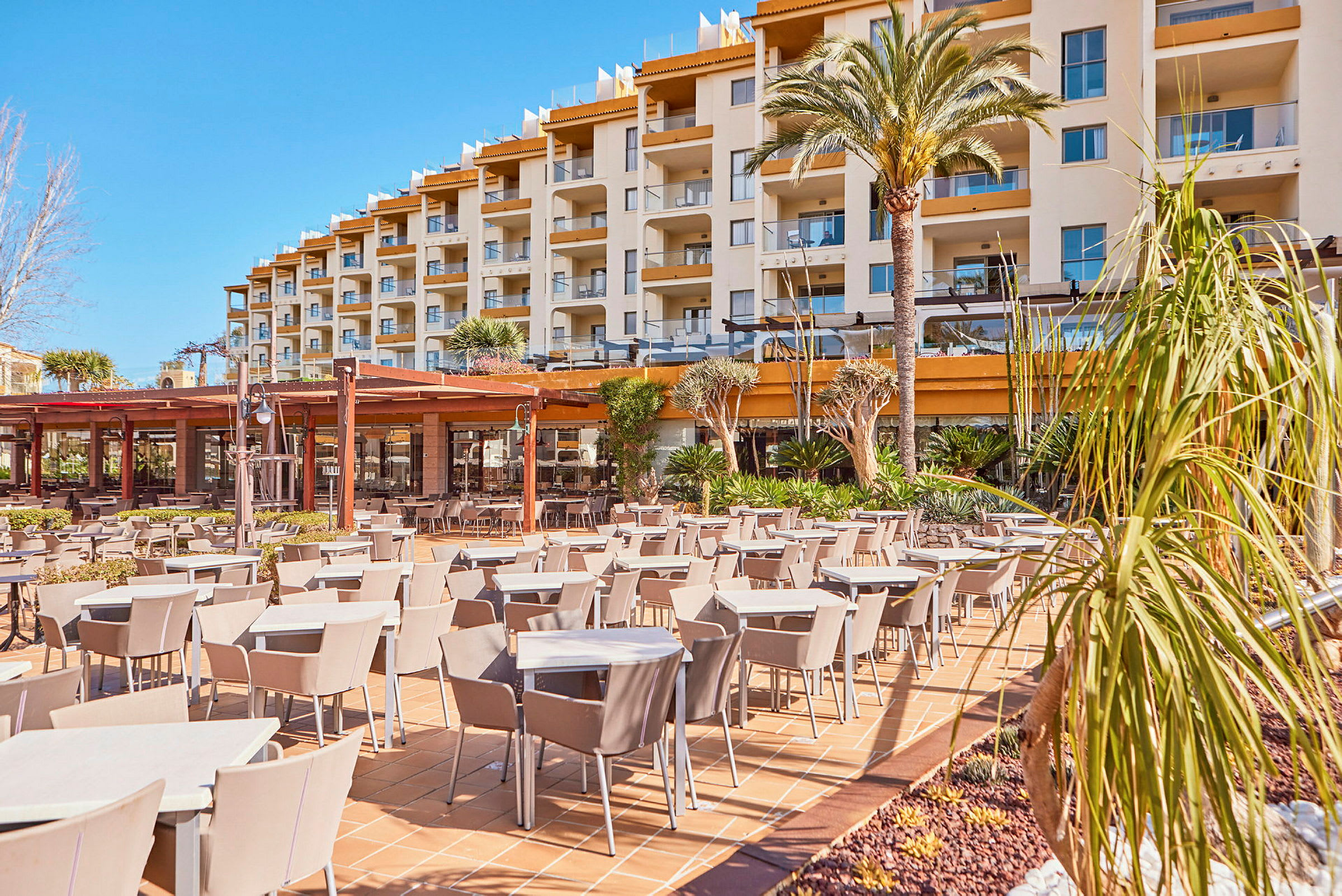 Bildet viser en utendørs servering ved et hotell med terrasse og palmer. (AI-generert tekst)