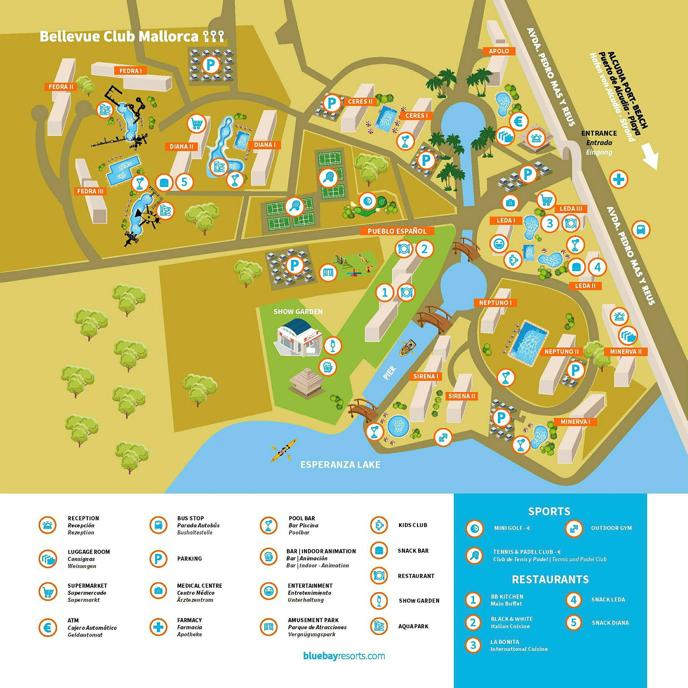 Illustrert kart over Bellevue Club Mallorca med fasiliteter markert. (AI-generert tekst)