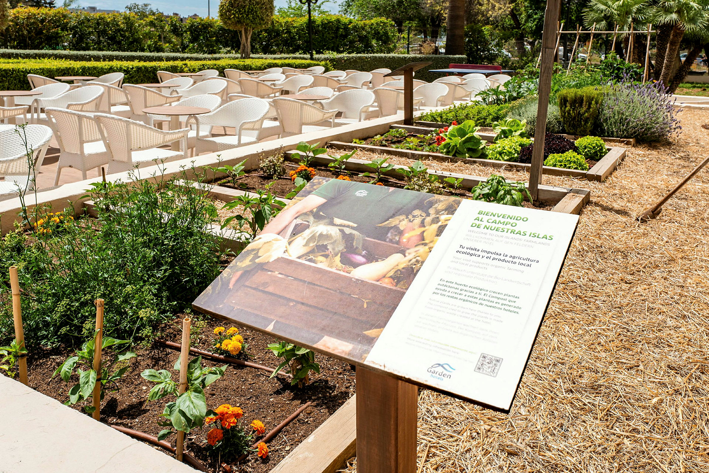 En dyrkingshage med planter og blomster samt en informasjonsplakat. Bak ses bord og stoler på en terrasse. (AI-generert tekst)