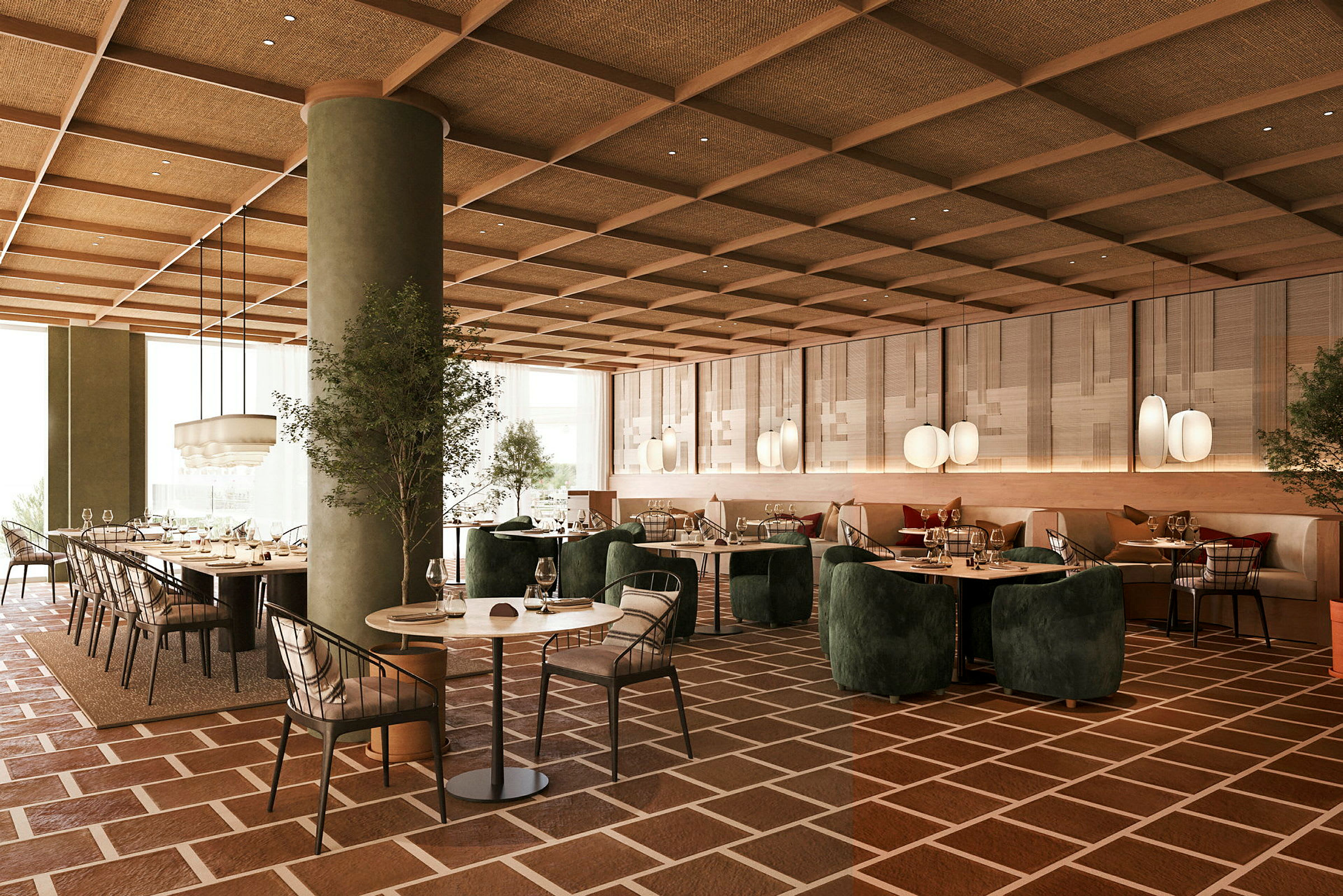 En elegant restaurant med grønne vegger, rutegulv og moderne innredning med bord og stoler. (AI-generert tekst)