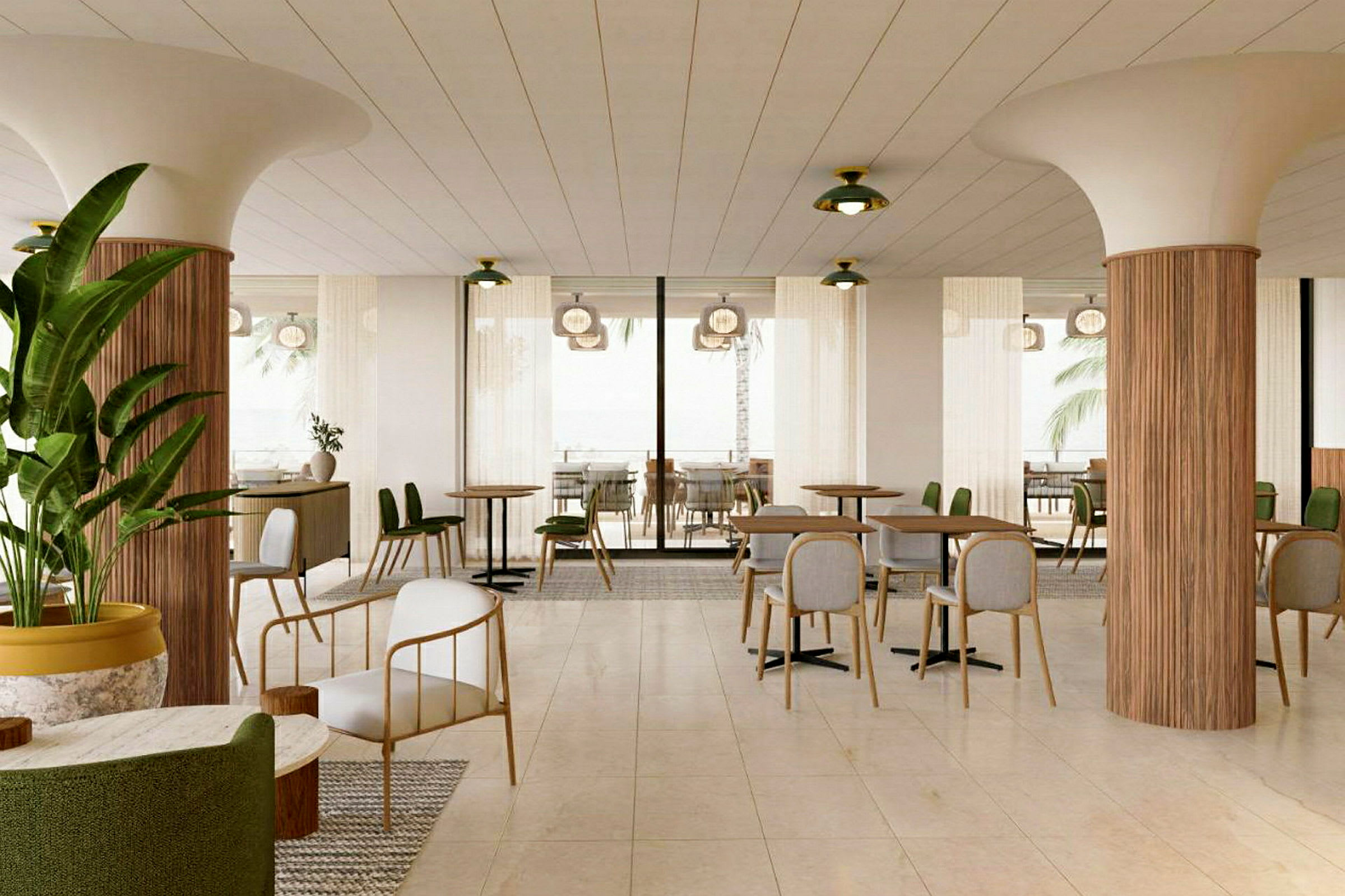 En moderne restaurantinnredning med bord og stoler, søyler og planter. (AI-generert tekst)