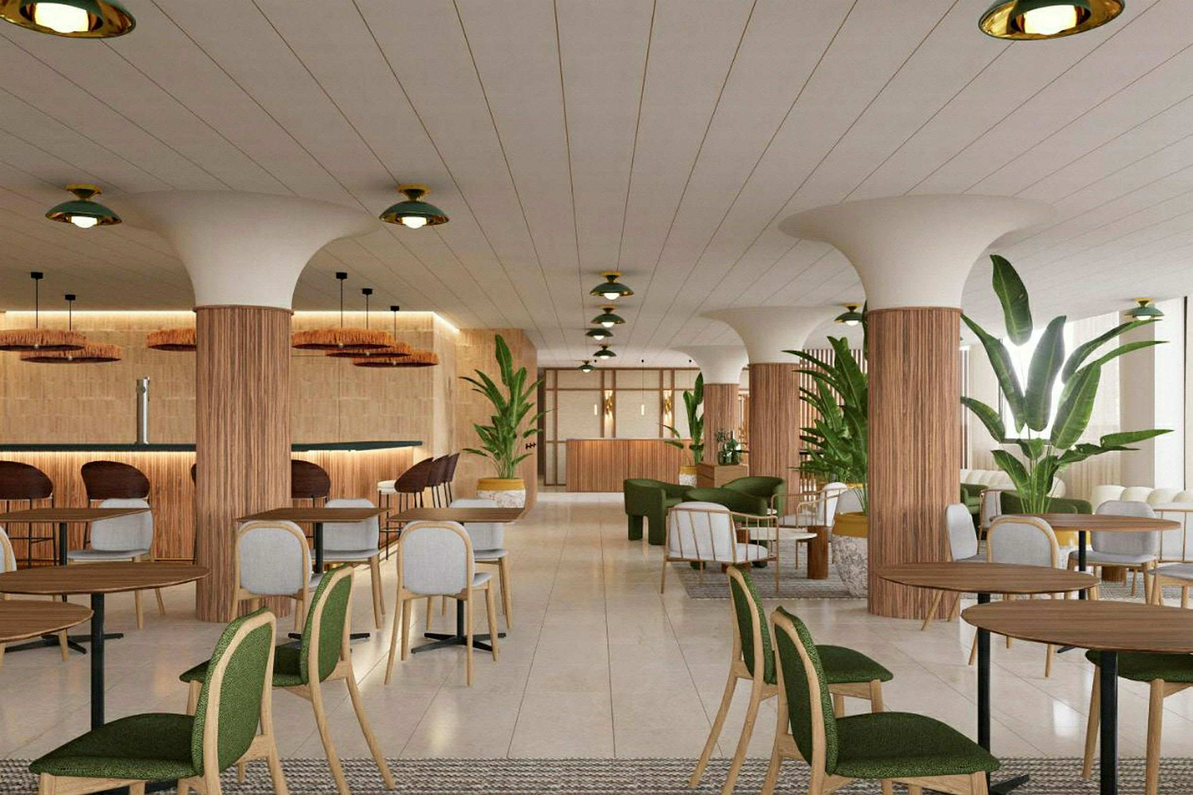 Et moderne restaurantområde med bord, stoler og grønne planter. (AI-generert tekst)
