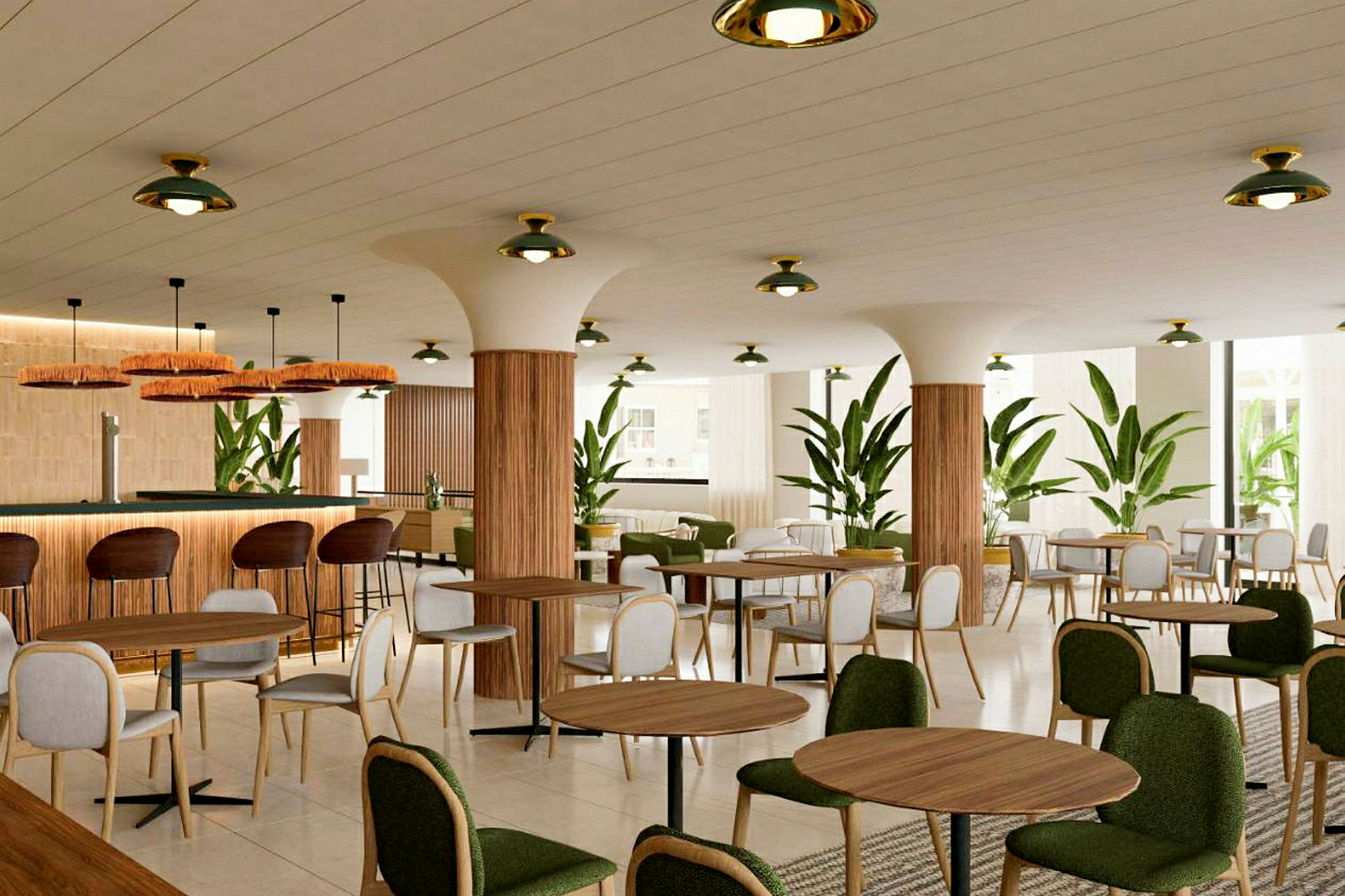 En restaurant med bord, stoler og grønn dekorasjon. (AI-generert tekst)