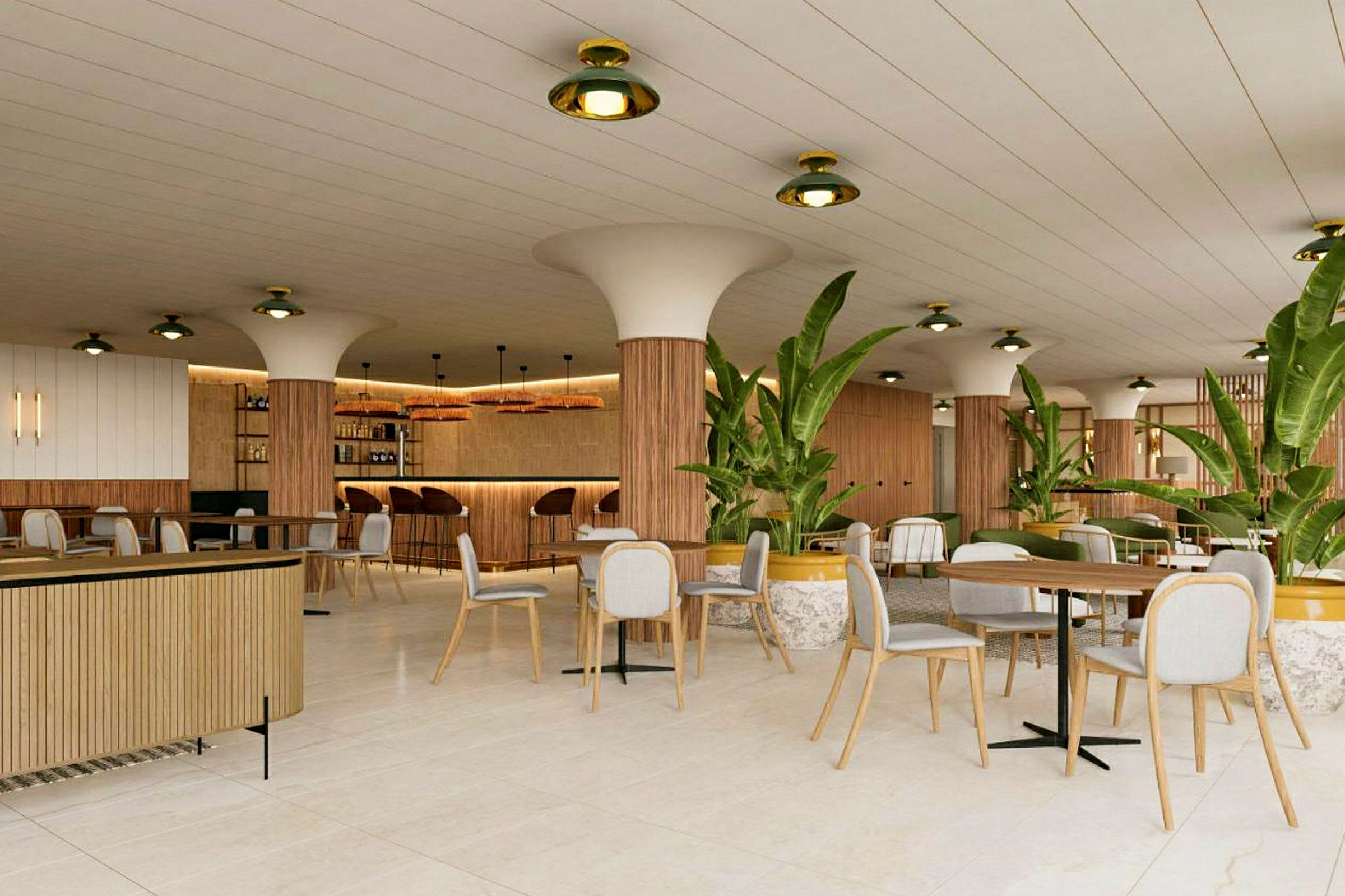 En moderne restaurant med bord og stoler samt store grønne planter innendørs. (AI-generert tekst)