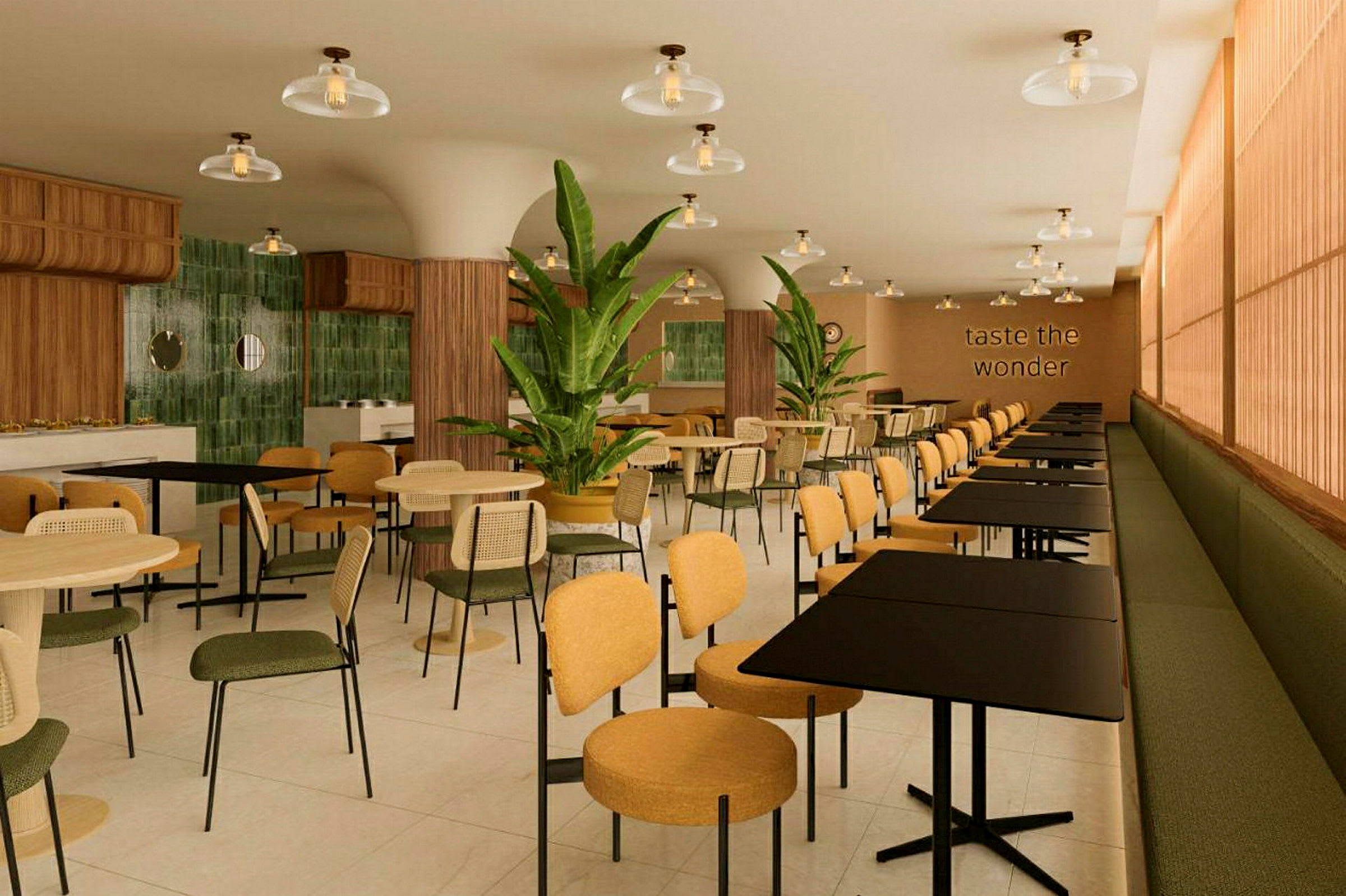 Moderne restaurant med bord, stoler og grønne plantedekorasjoner. (AI-generert tekst)