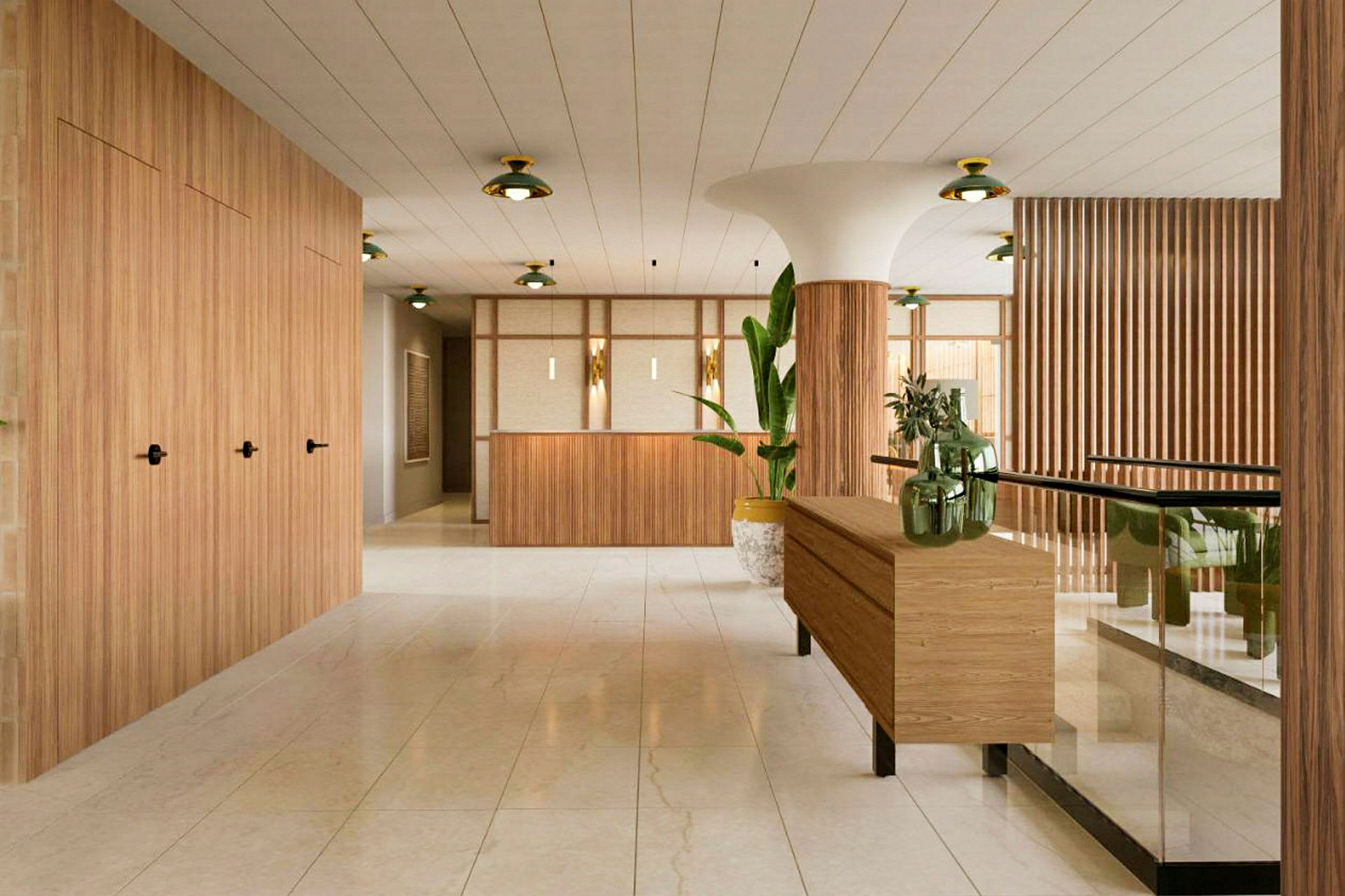 Hotellobby med moderne interiør og trematerialer. (AI-generert tekst)