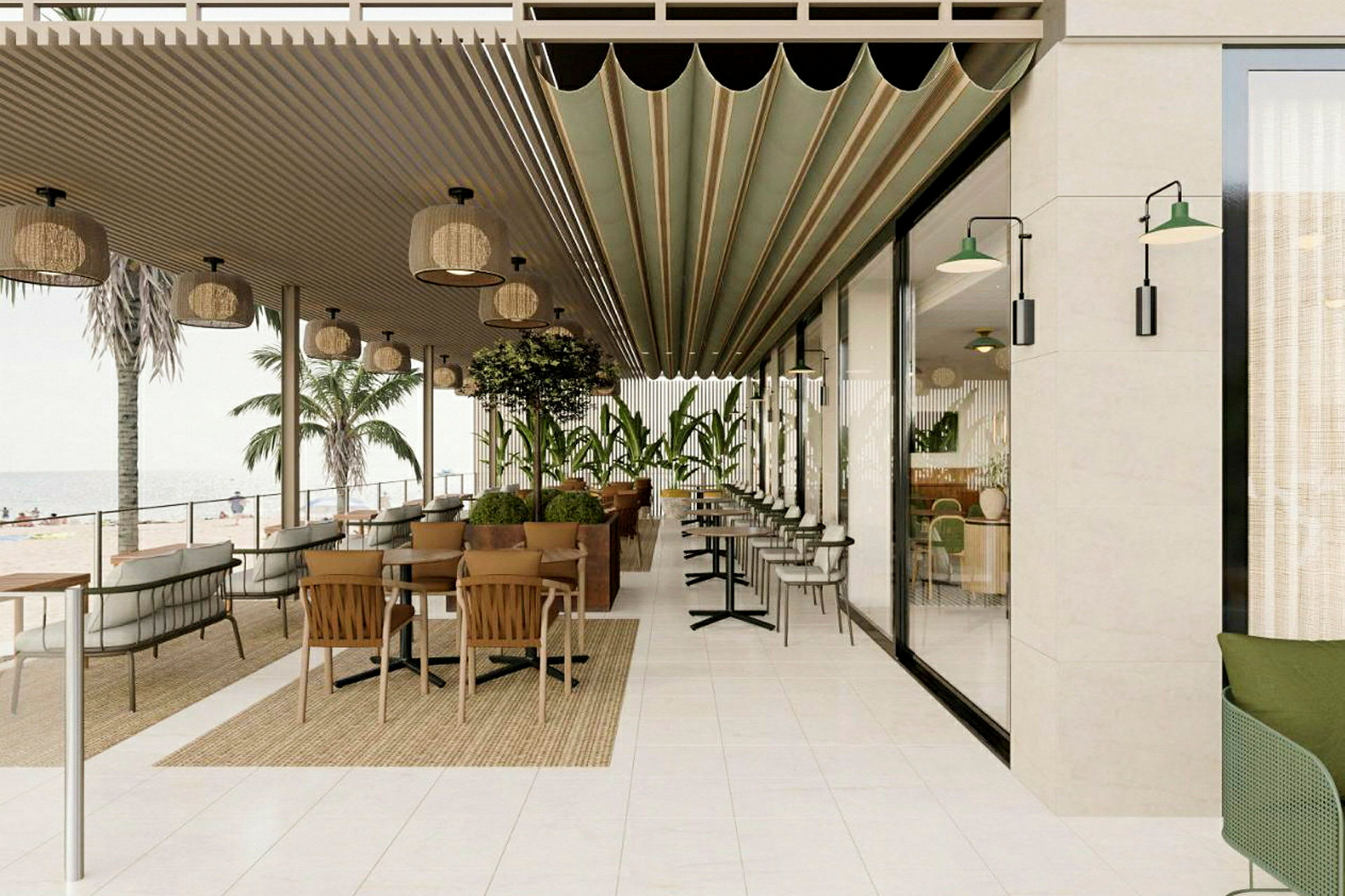 En restaurantterrasse med bord og stoler, omgitt av grøntområder foran stranden. (AI-generert tekst)