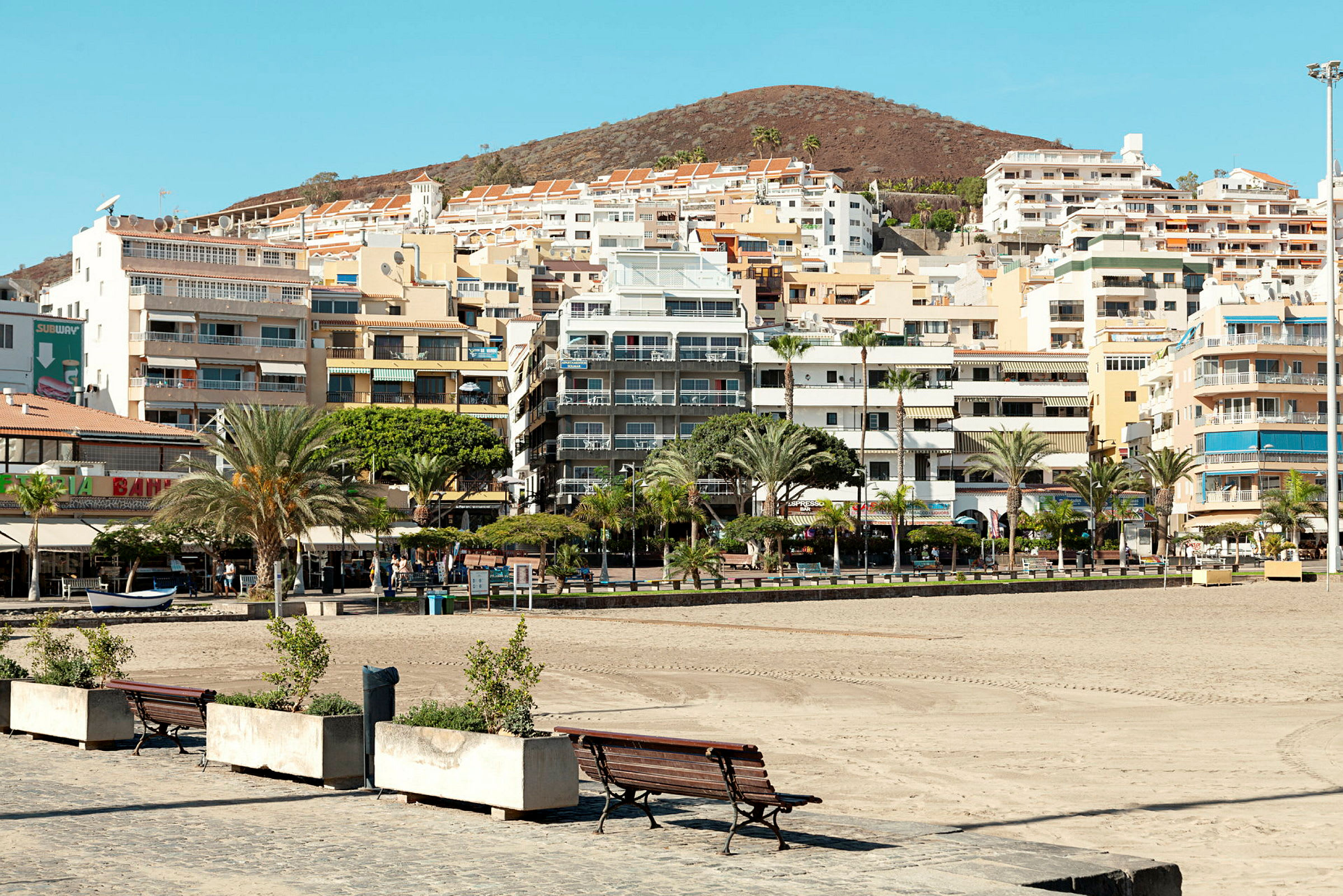 Strandpromenade med palmer og benker, bak sees bygninger og en høyde. (AI-generert tekst)