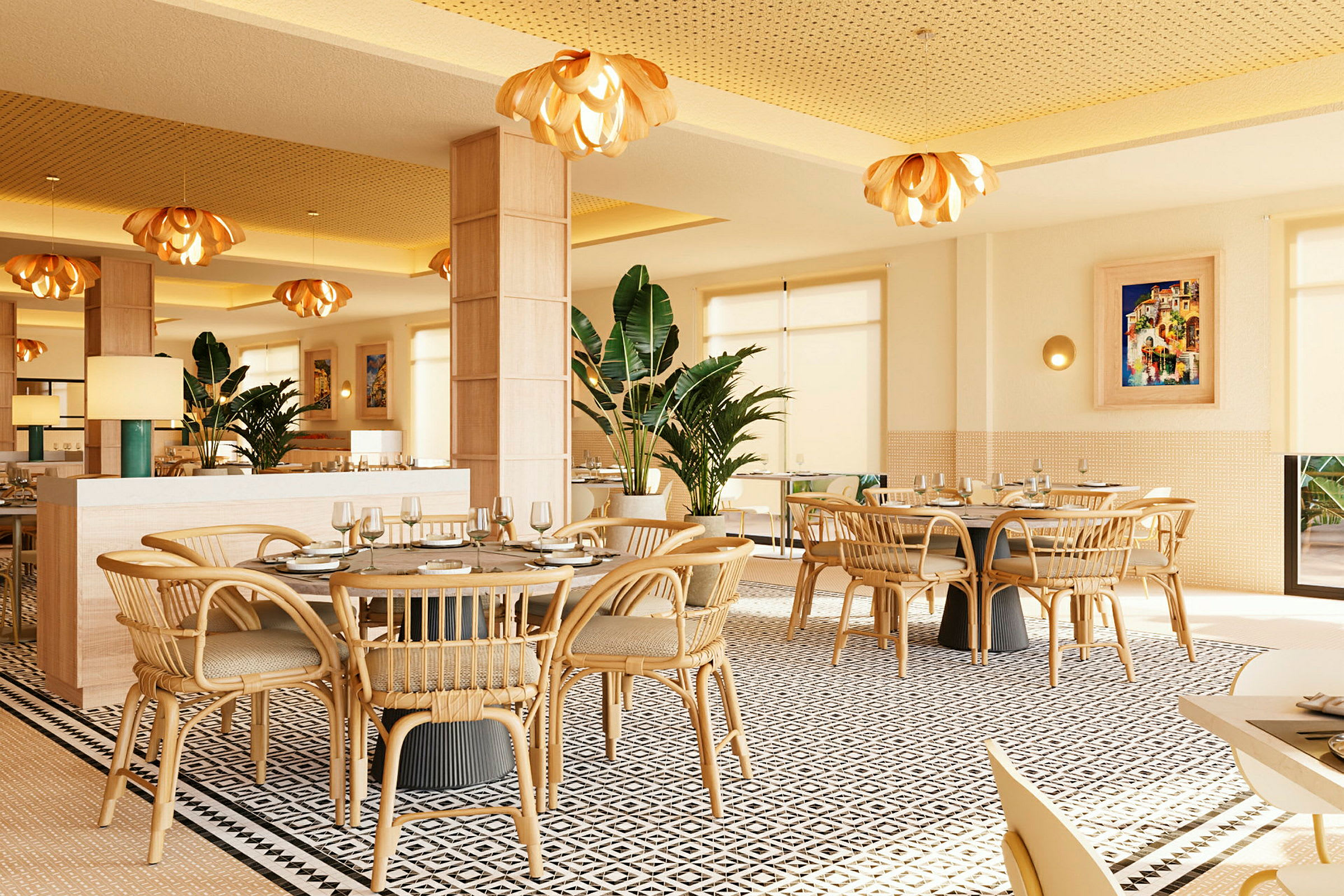 En lys restaurant med trestoler og bord, dekorative lamper og planter i potter. (AI-generert tekst)
