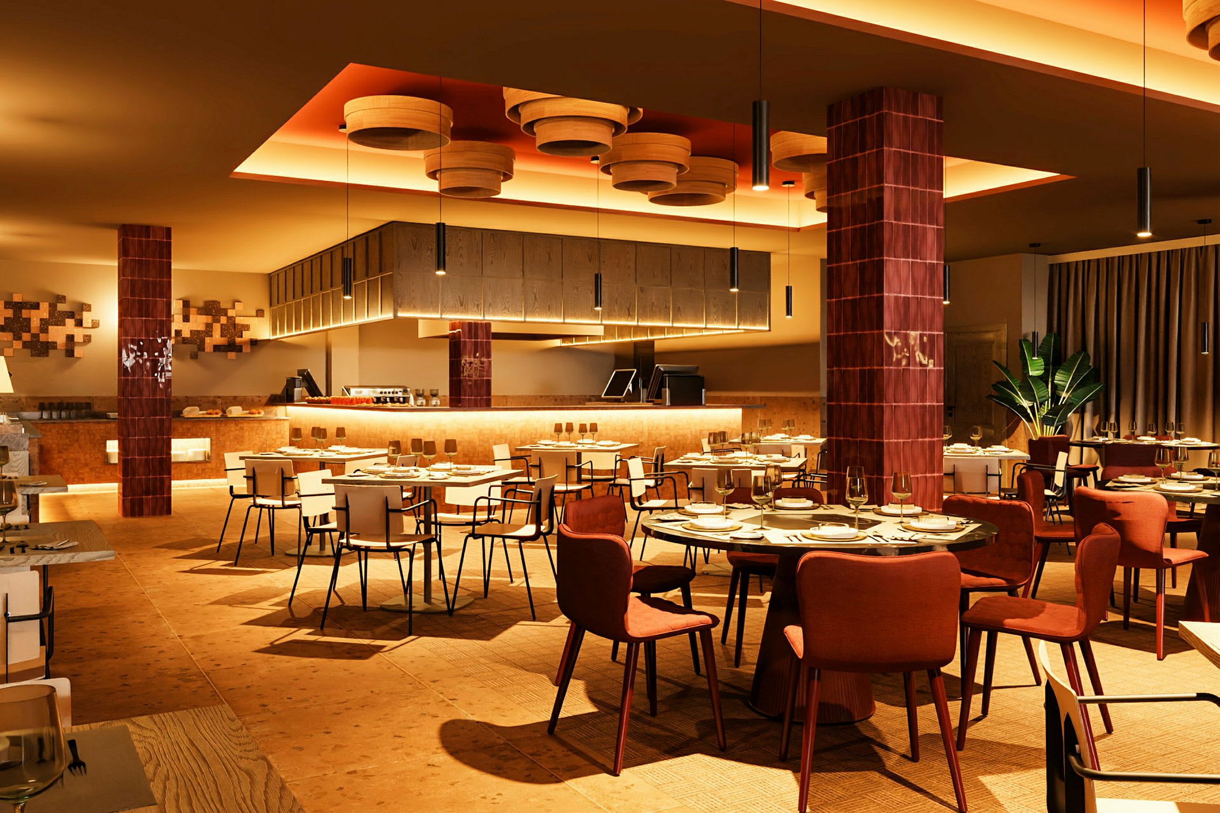 Interiør av en elegant restaurant med stilige møbler og varm belysning. (AI-generert tekst)
