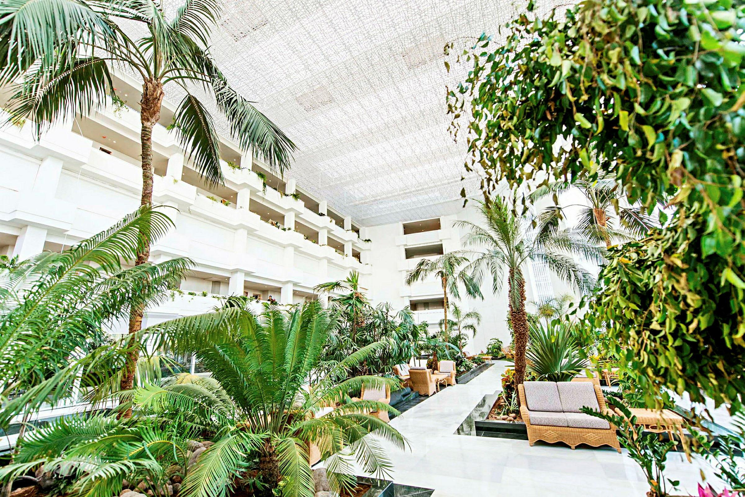 Stor lys hotellobby med høye palmer og grøntområder. (AI-generert tekst)