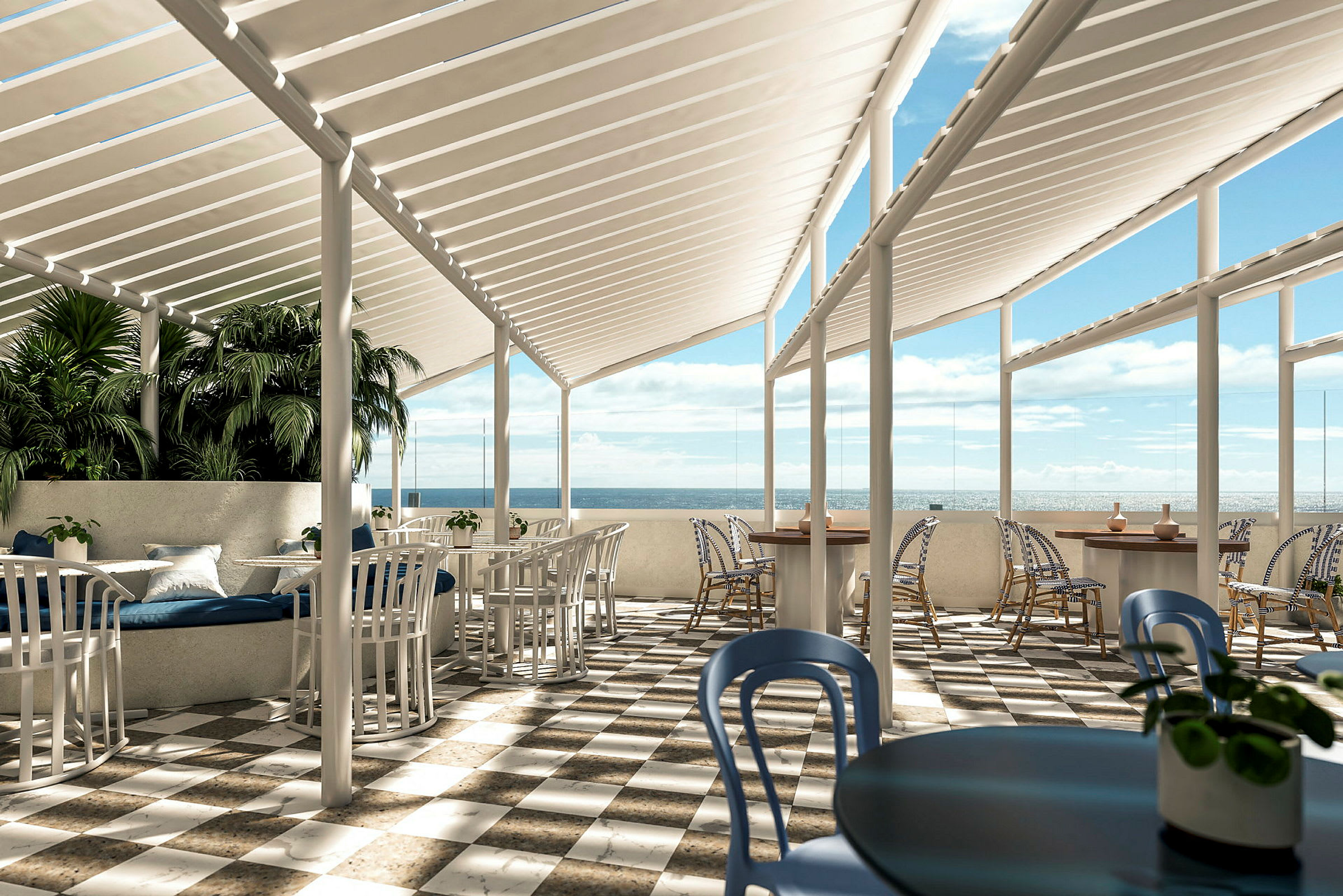 En utendørs restaurant med hvite pergolaer og havutsikt. Bord og stoler er plassert på et rutete gulv, og planter bidrar til en innbydende atmosfære. (AI-generert tekst)