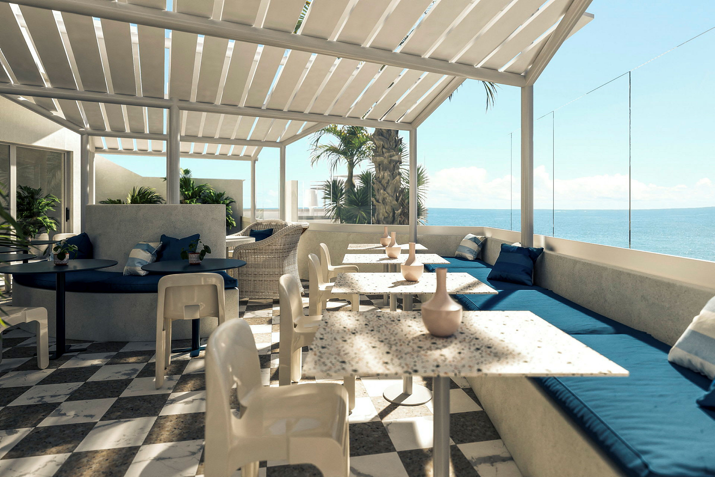 Terrasse med bord og stoler under pergola, utsikt mot havet. (AI-generert tekst)