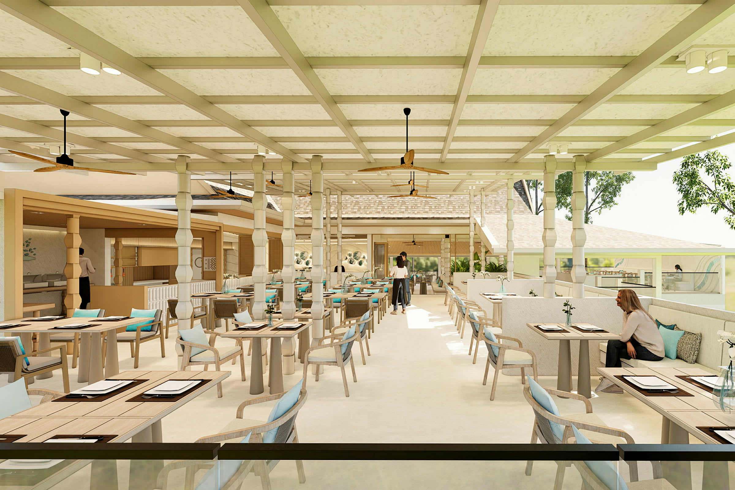 Lyst og luftig restaurantområde med bord og stoler under en pergola. (AI-generert tekst)